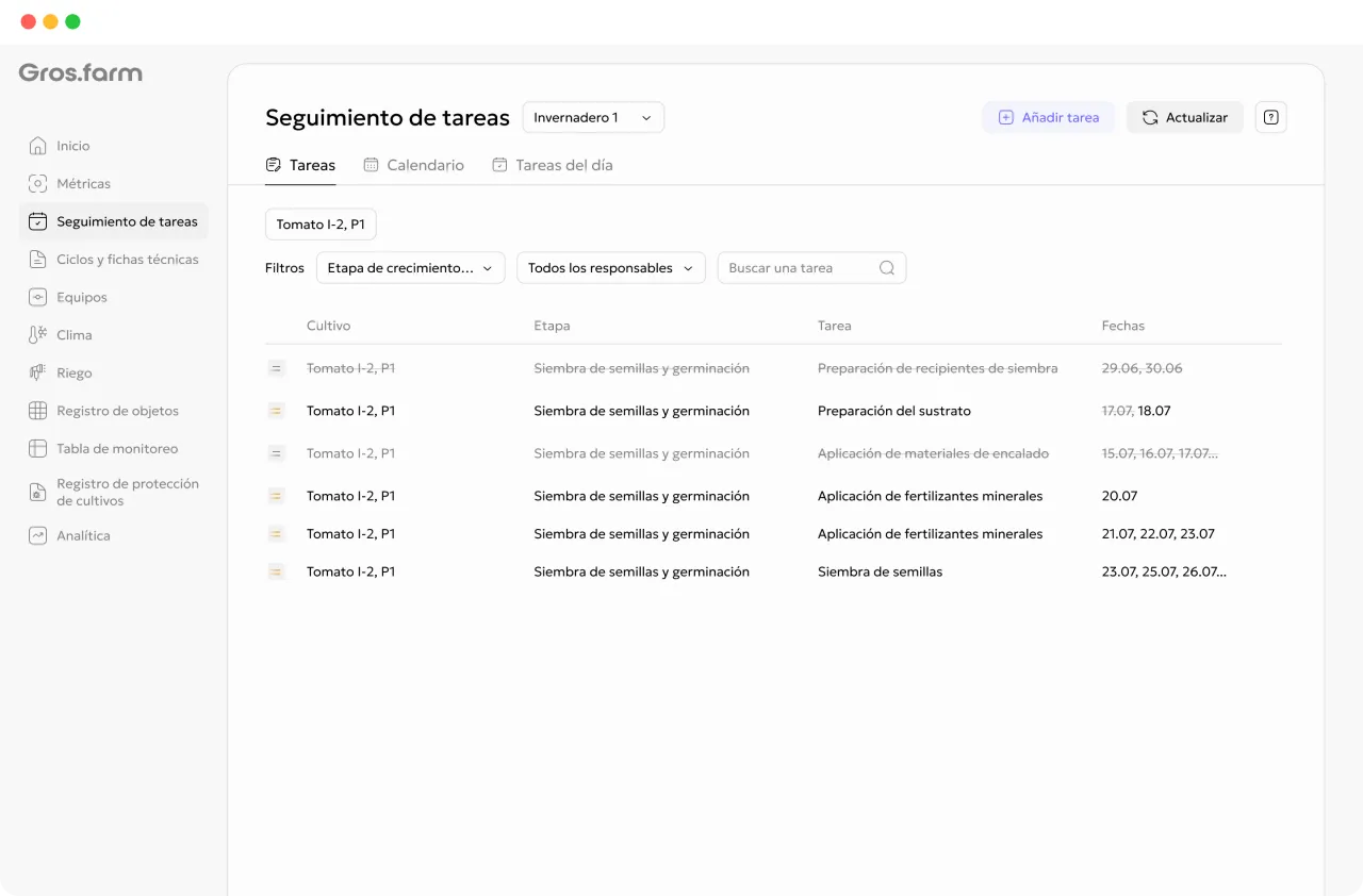 Tareas del equipo y diario de producción en Gros.farm