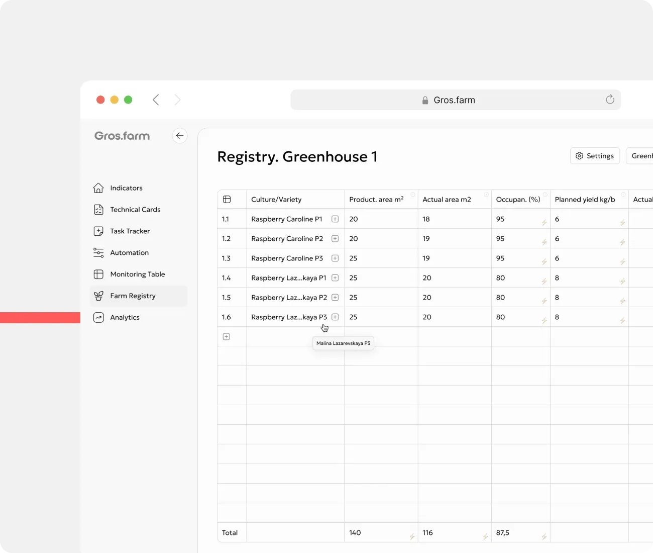 Gros.farm facility registry with crops, production area, occupancy, plant quantity, and totals