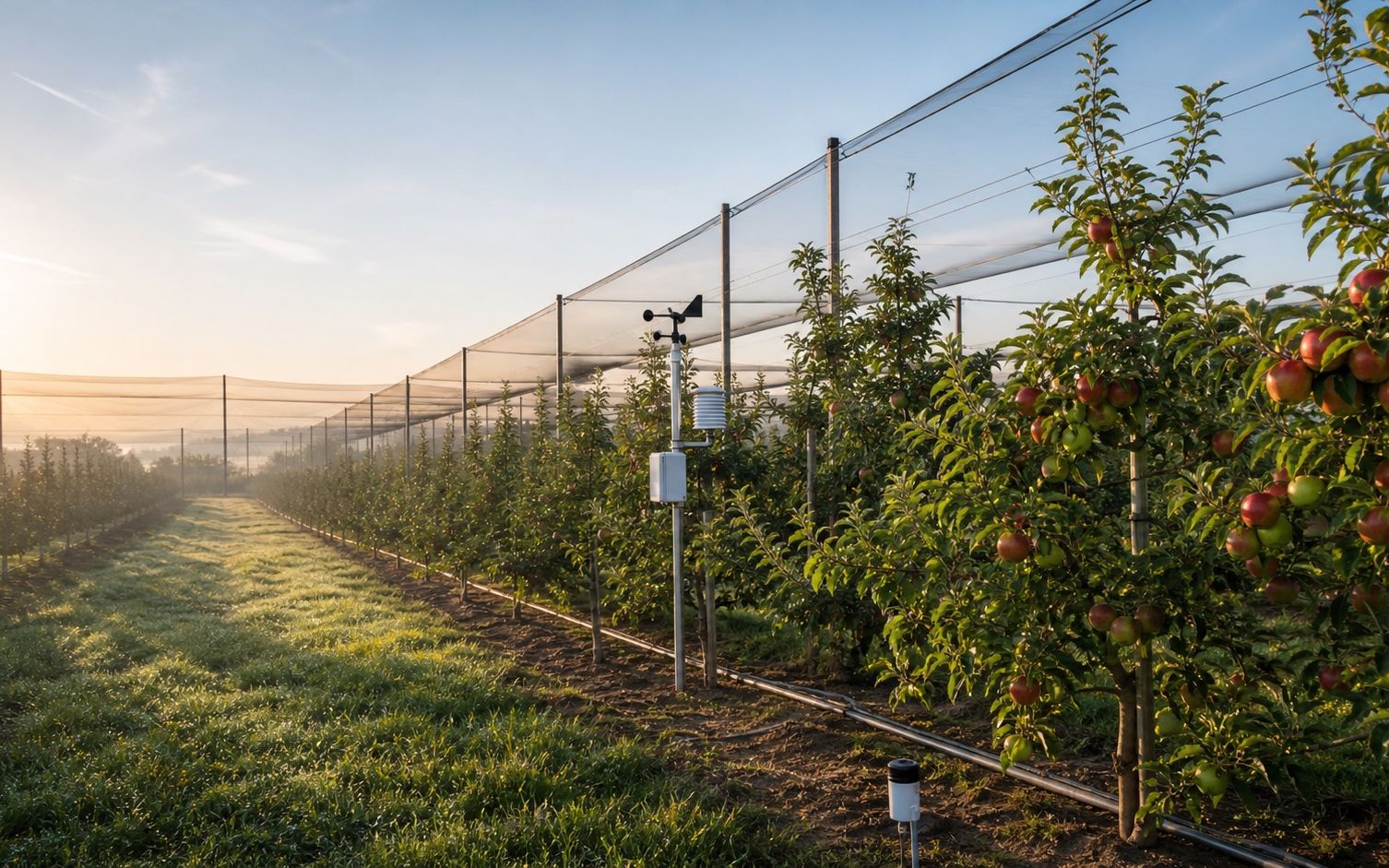 Commercial orchard with fruit trees arranged in production rows