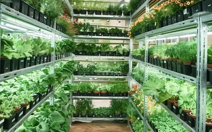 Multi-tier crop racks inside a commercial vertical farm