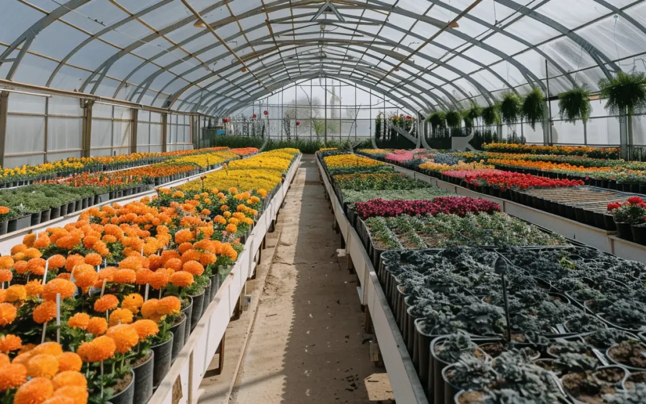 Rows of container plants in a commercial plant nursery