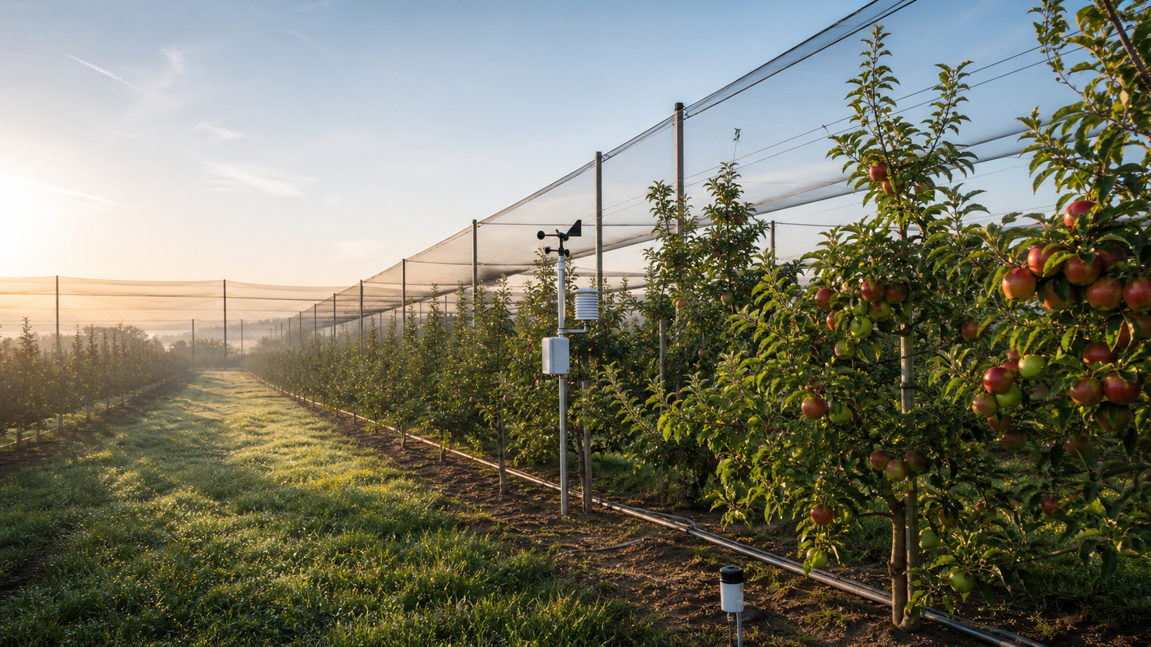 Commercial orchard with a weather station and drip irrigation