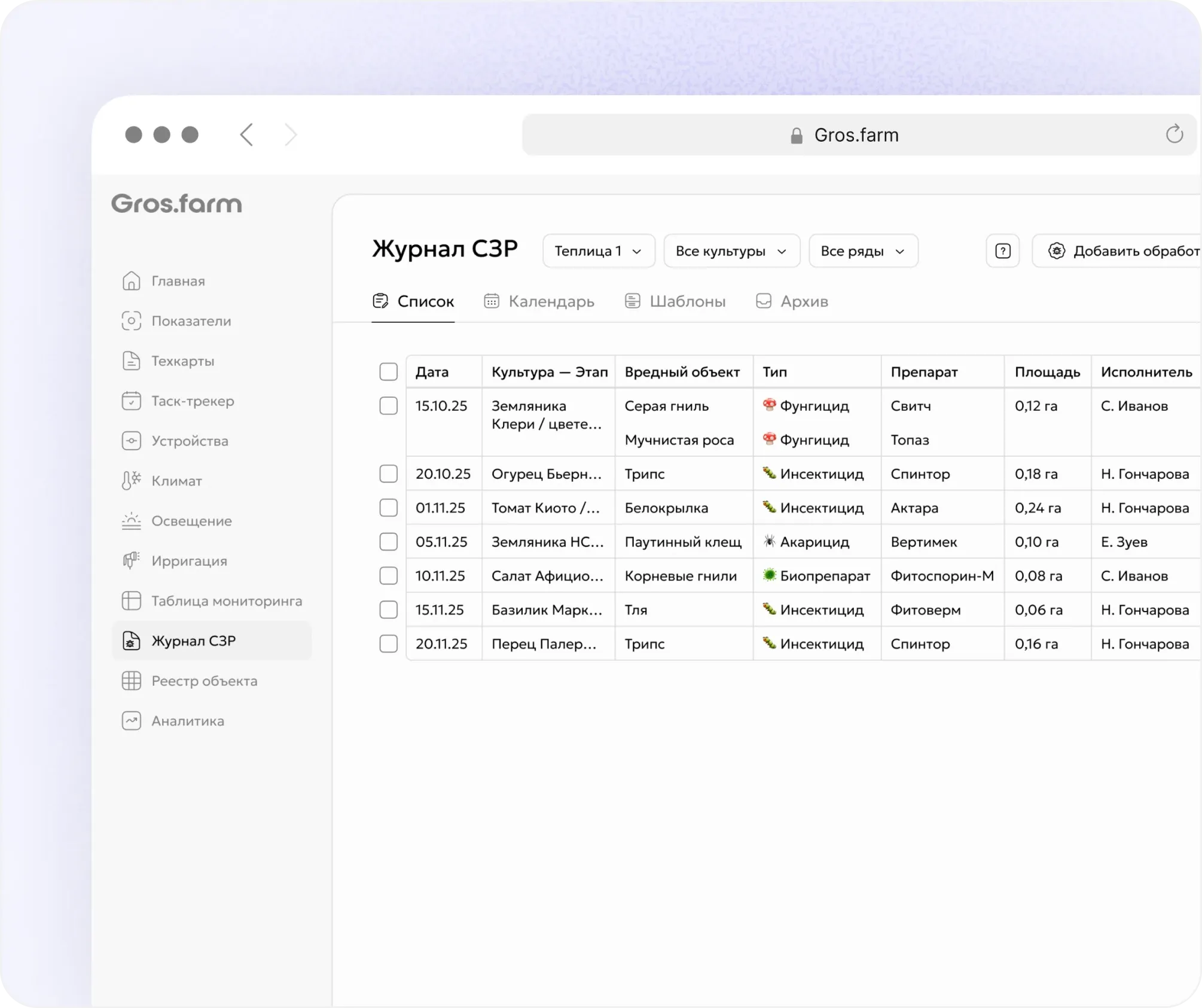 Gros.farm crop protection application log with treatments by location and crop