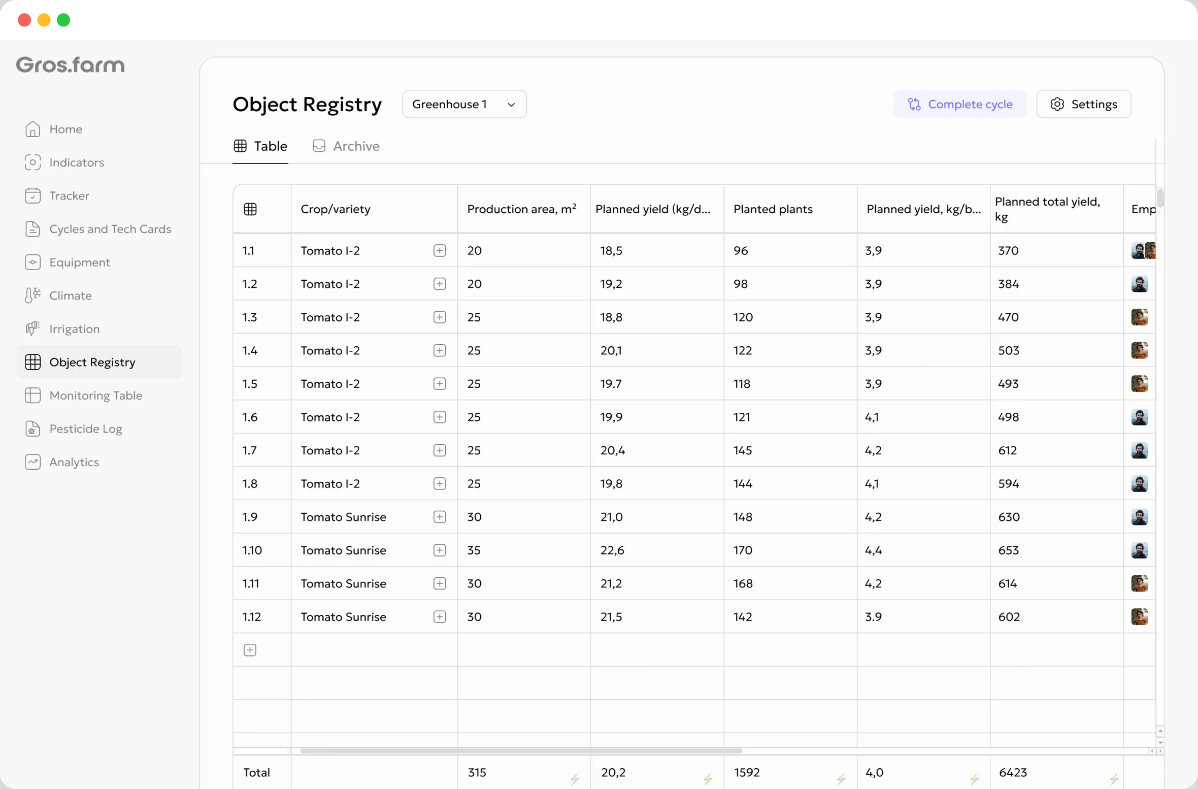 English Gros.farm facility registry with production zones and cycle data