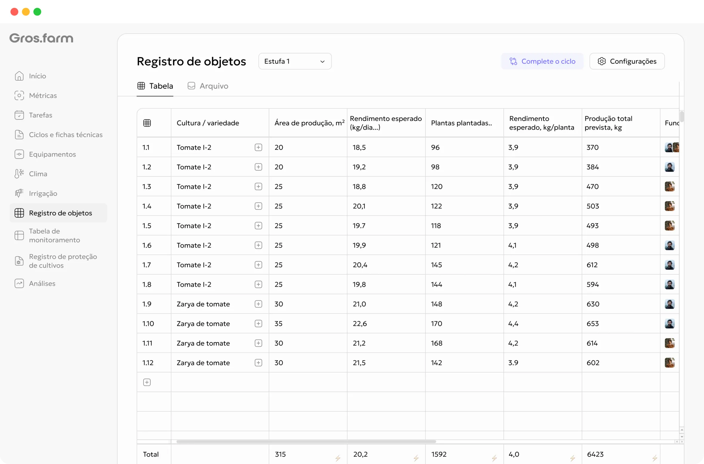 Registro de instalações Gros.farm em inglês com zonas de produção e dados de ciclo