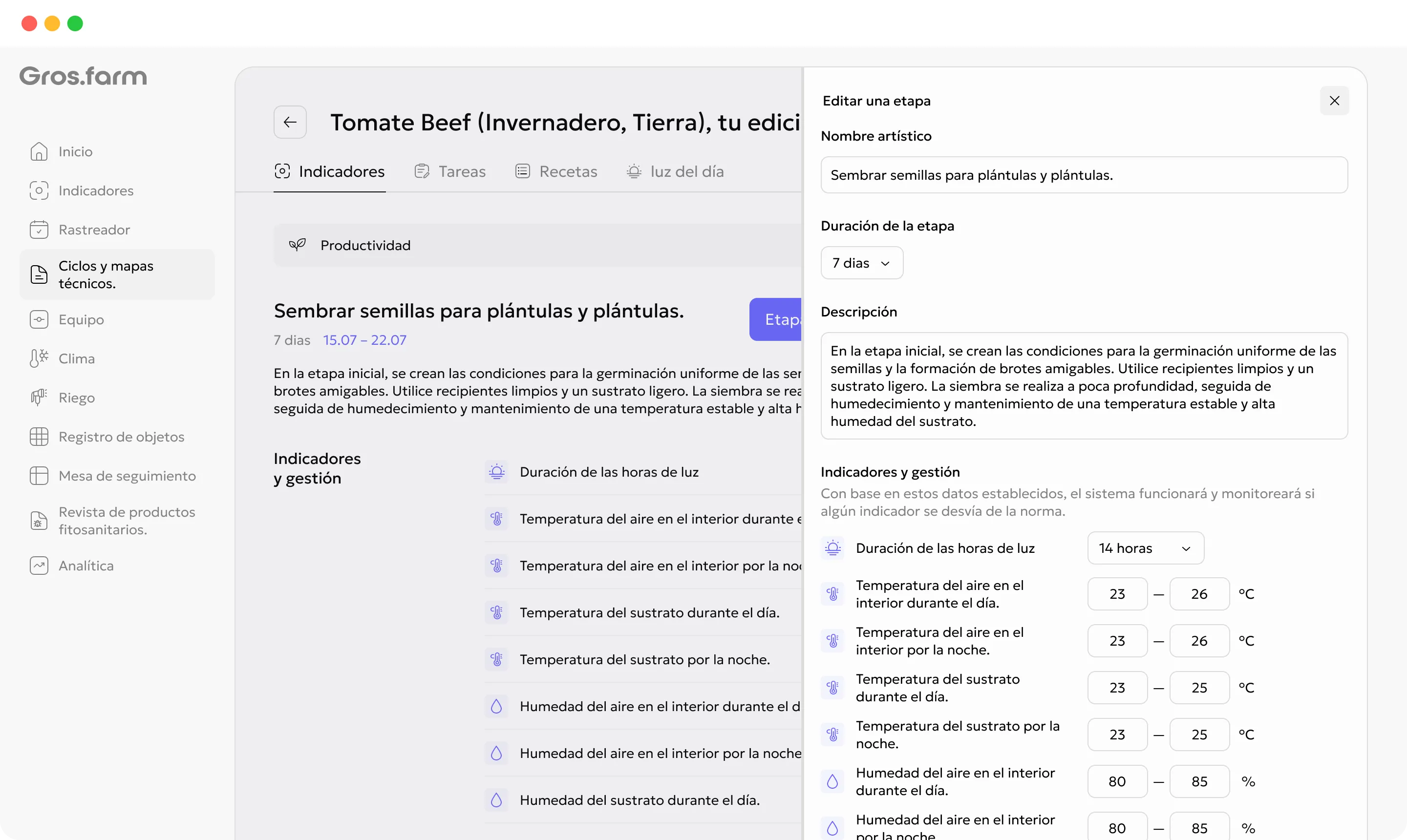 Tarjeta tecnológica de Gros.farm en inglés que muestra una etapa de crecimiento y sus métricas objetivo