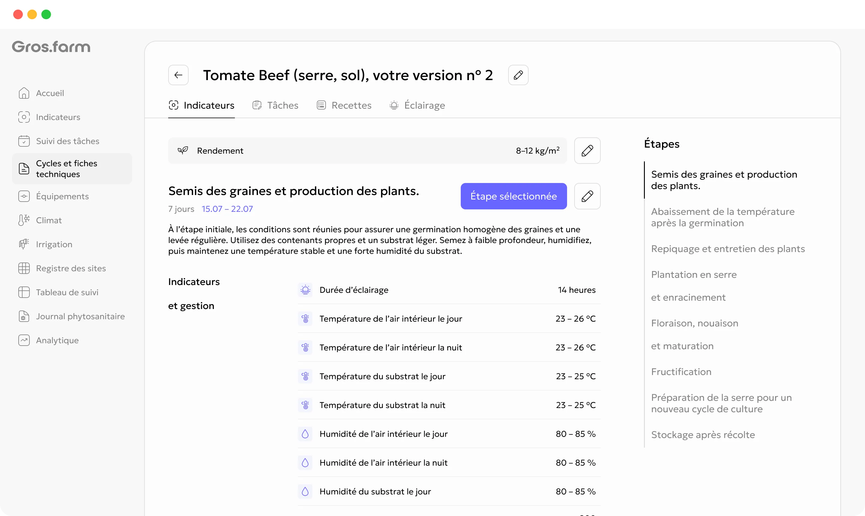Plan de culture Gros.farm en anglais avec étapes et paramètres de production cibles