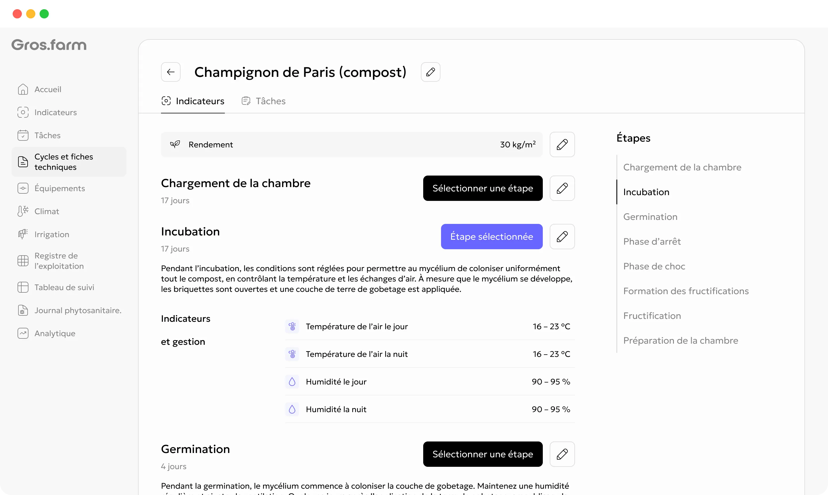 Plan de culture des champignons de Paris dans Gros.farm
