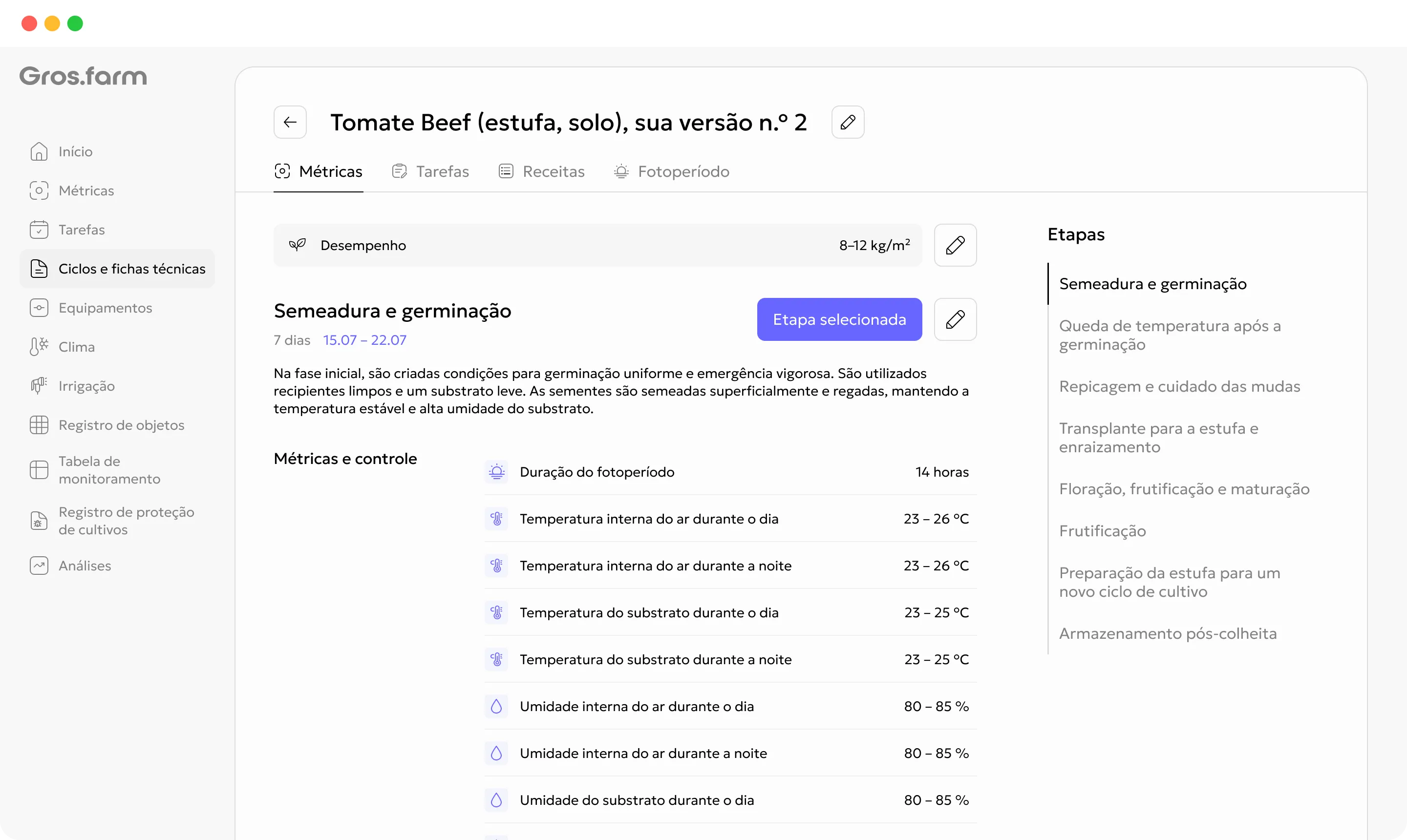 Plano de cultivo Gros.farm em inglês com etapas e métricas de produção alvo