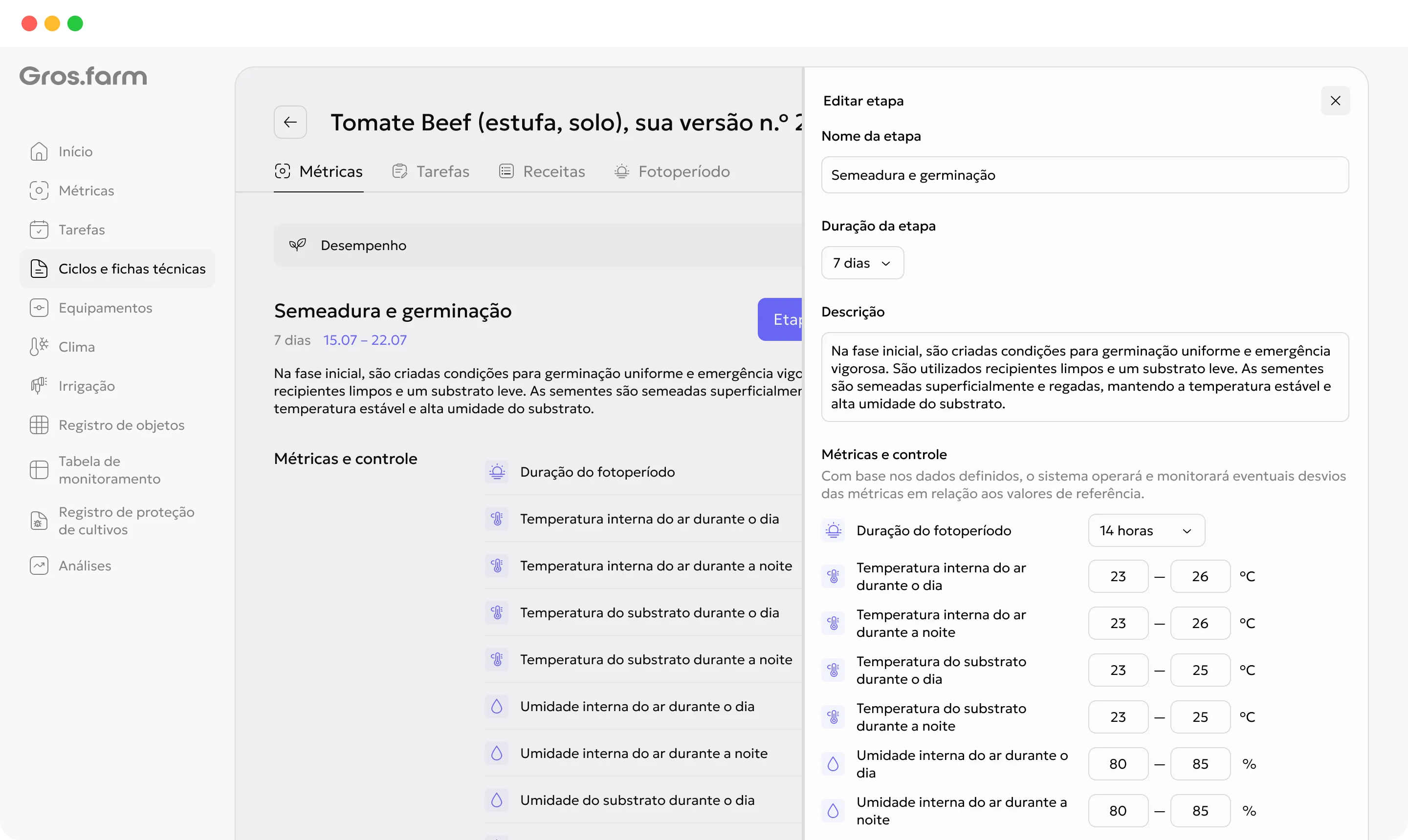 Cartão tecnológico Gros.farm em inglês mostrando um estágio de crescimento e suas métricas alvo