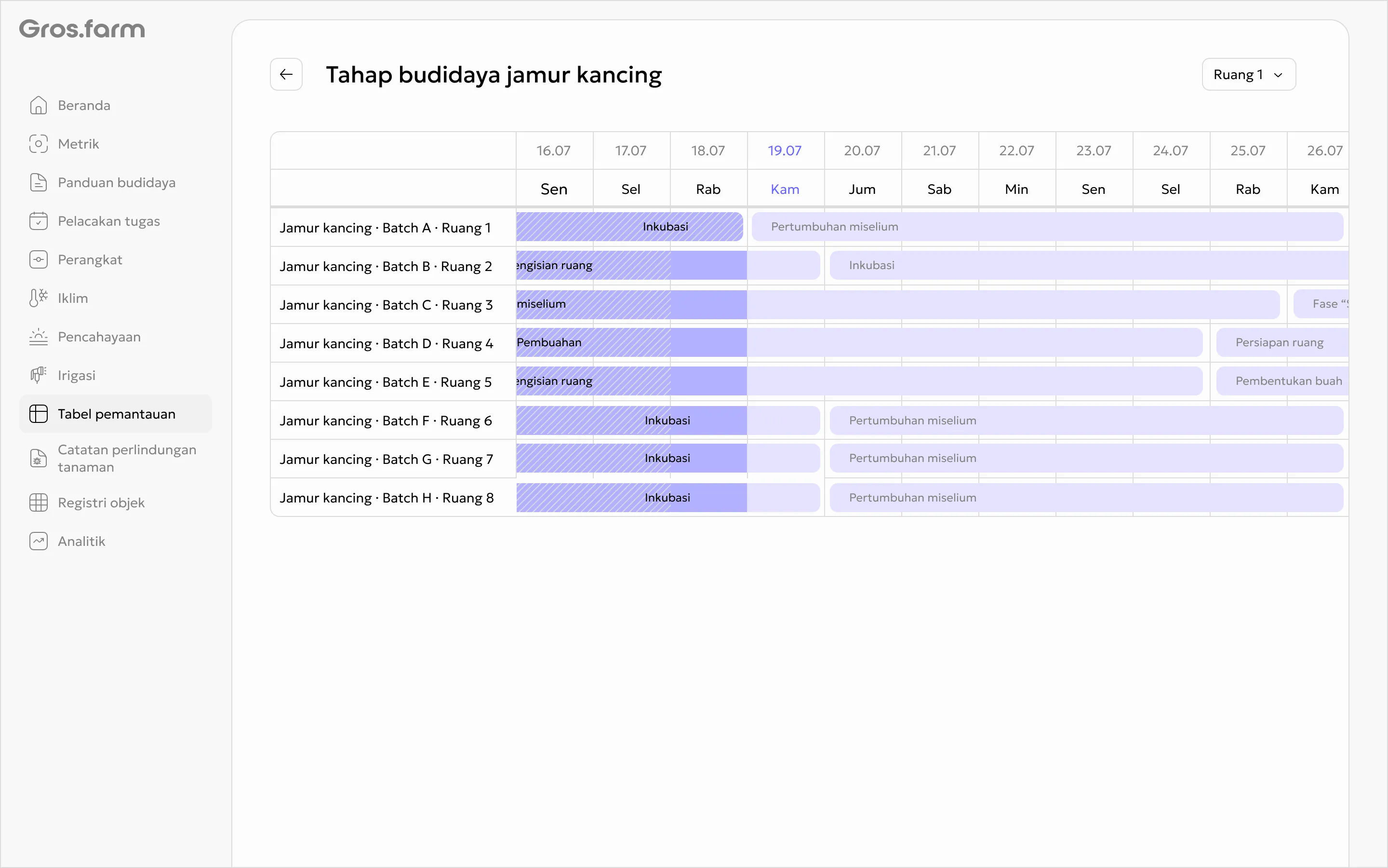 Tahap beberapa siklus ruang budidaya divisualisasikan di Gros.farm