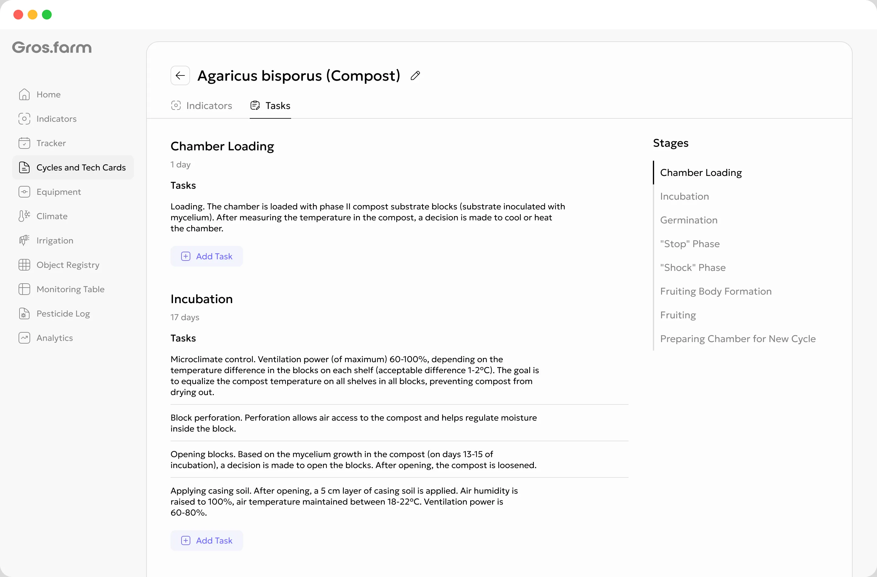 Shift tasks for a grower and room operator in Gros.farm