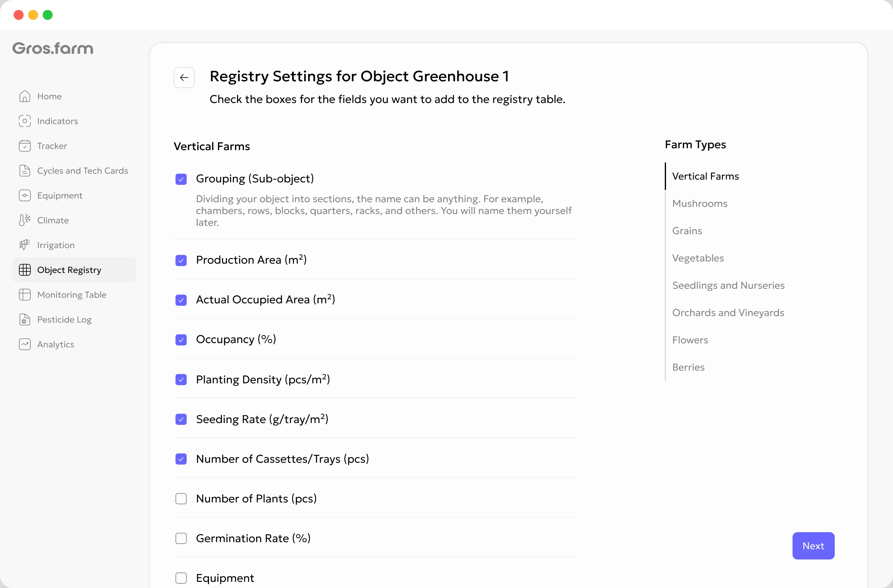 Gros.farm registry setup with production-zone grouping and configurable field selection