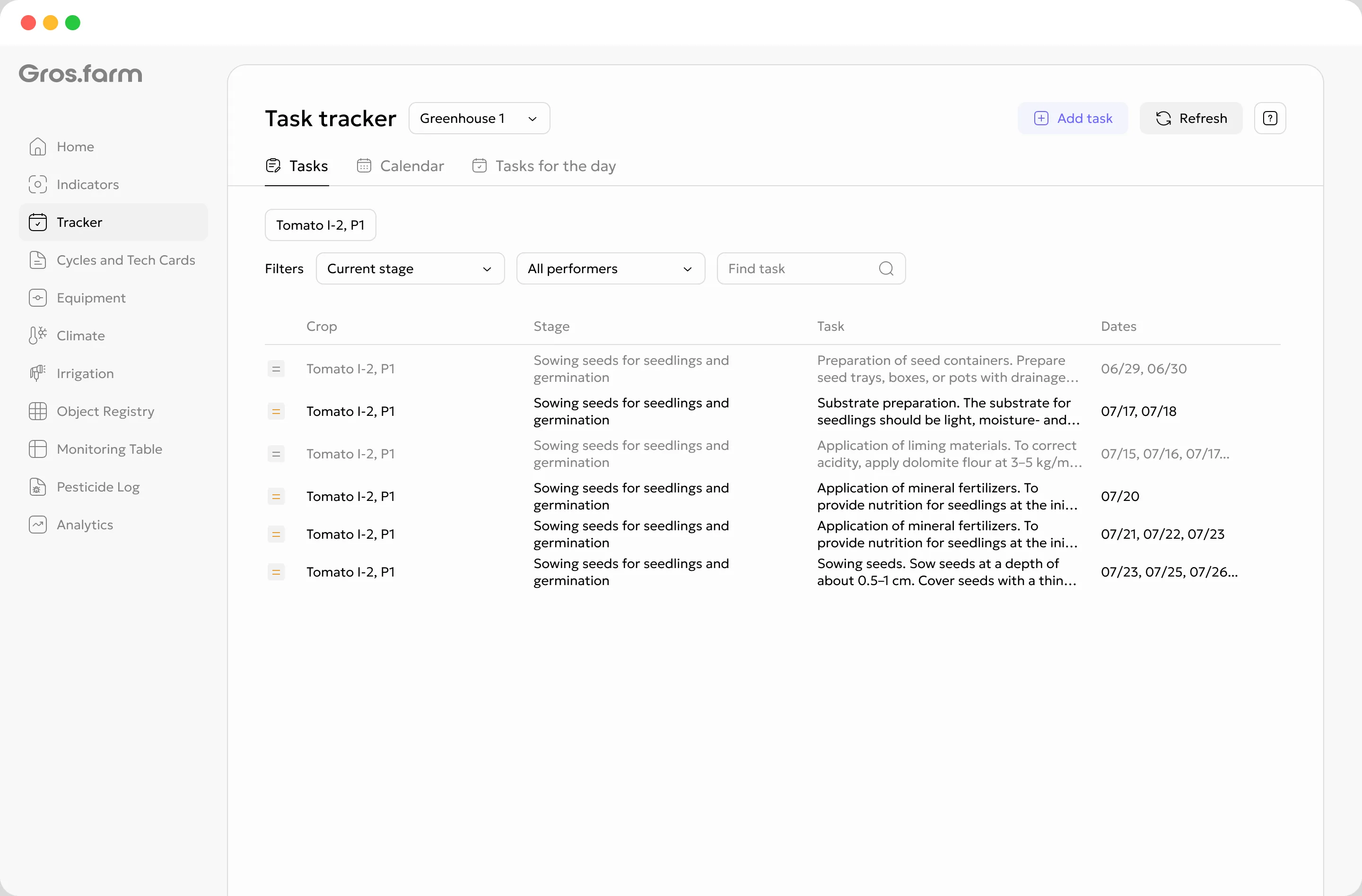 Gros.farm task tracker in the web and mobile apps