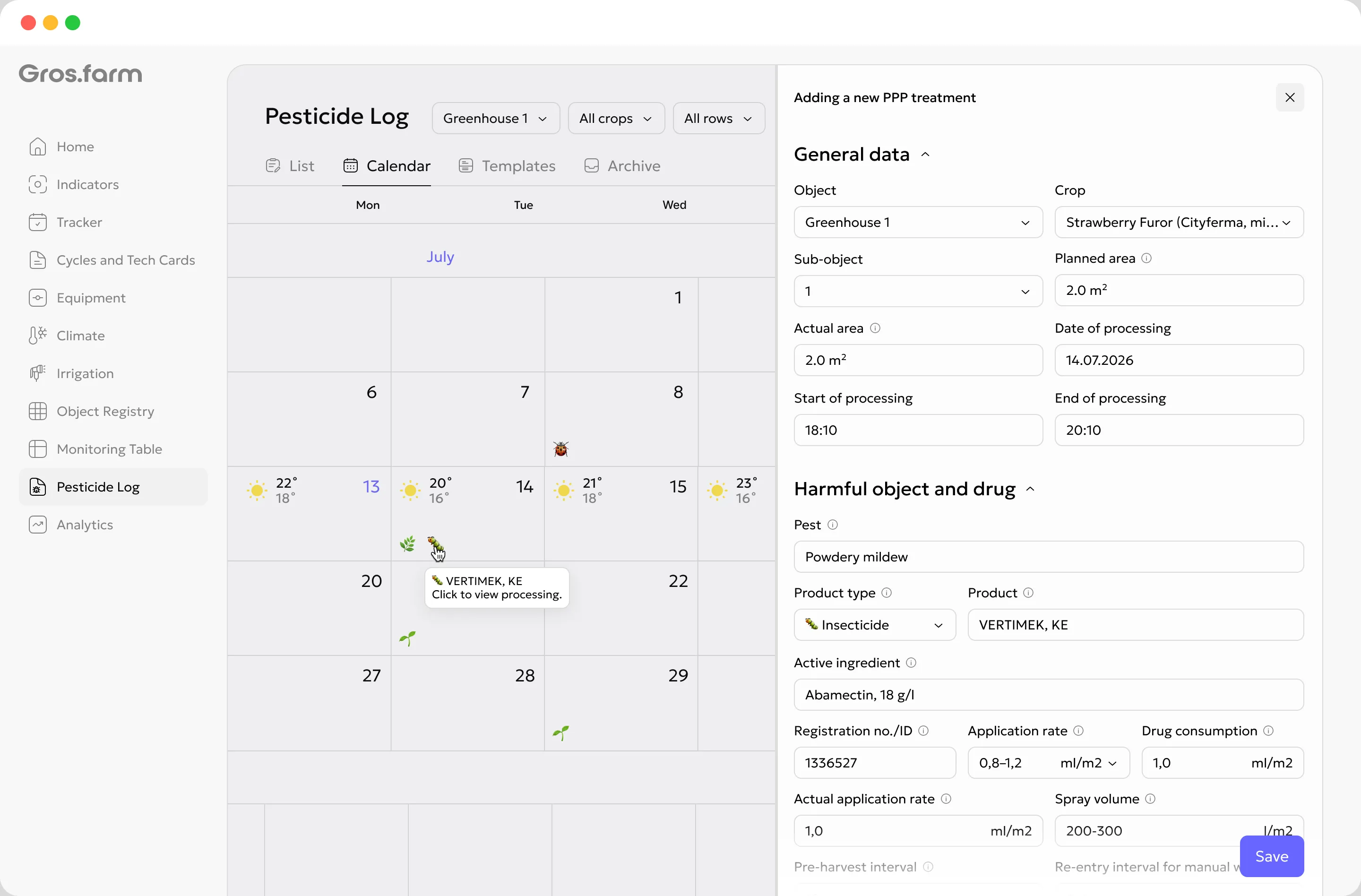 Gros.farm crop protection application log with treatments by location and crop