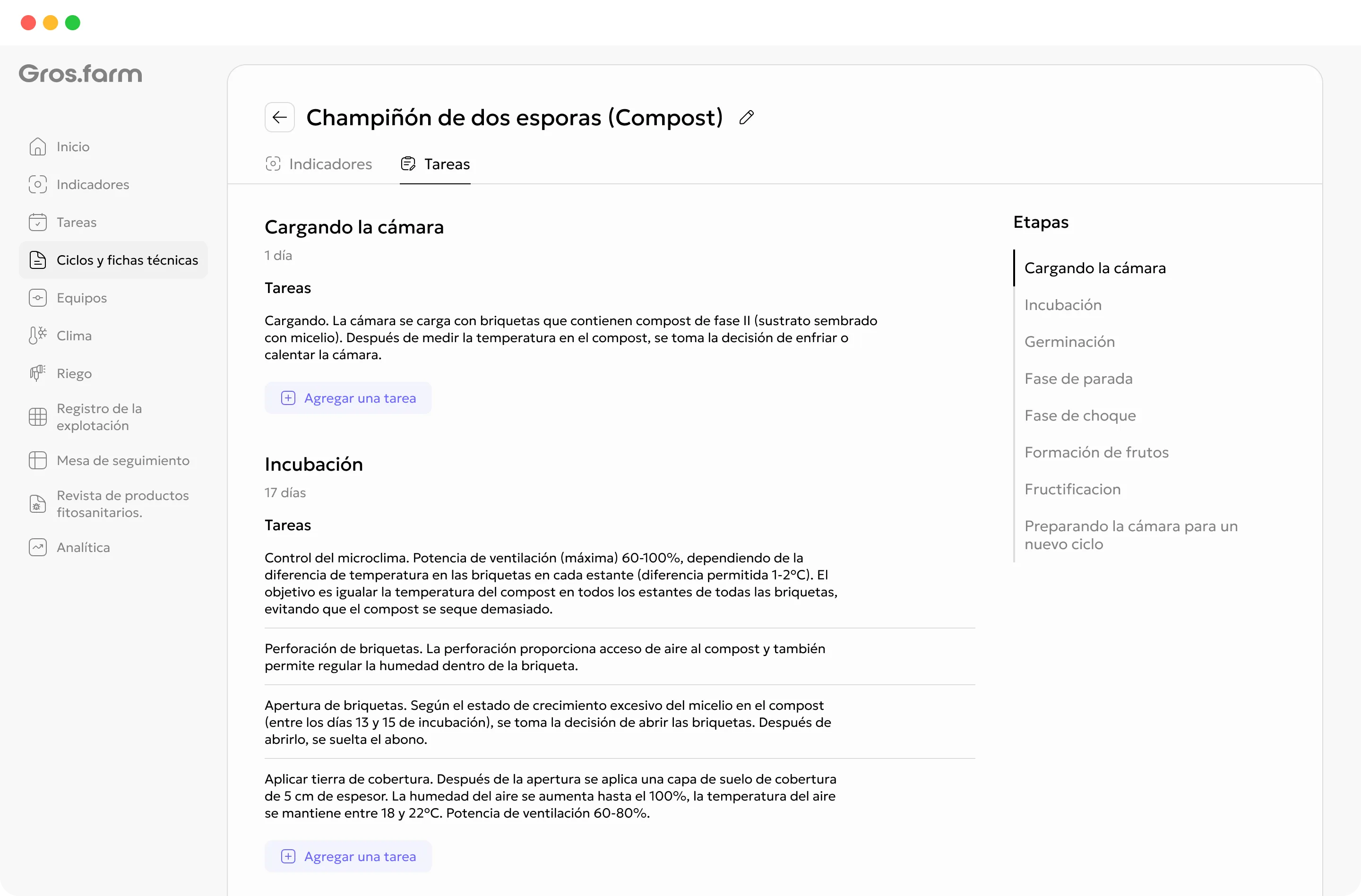 Tareas de turno para un cultivador y un operador de sala en Gros.farm