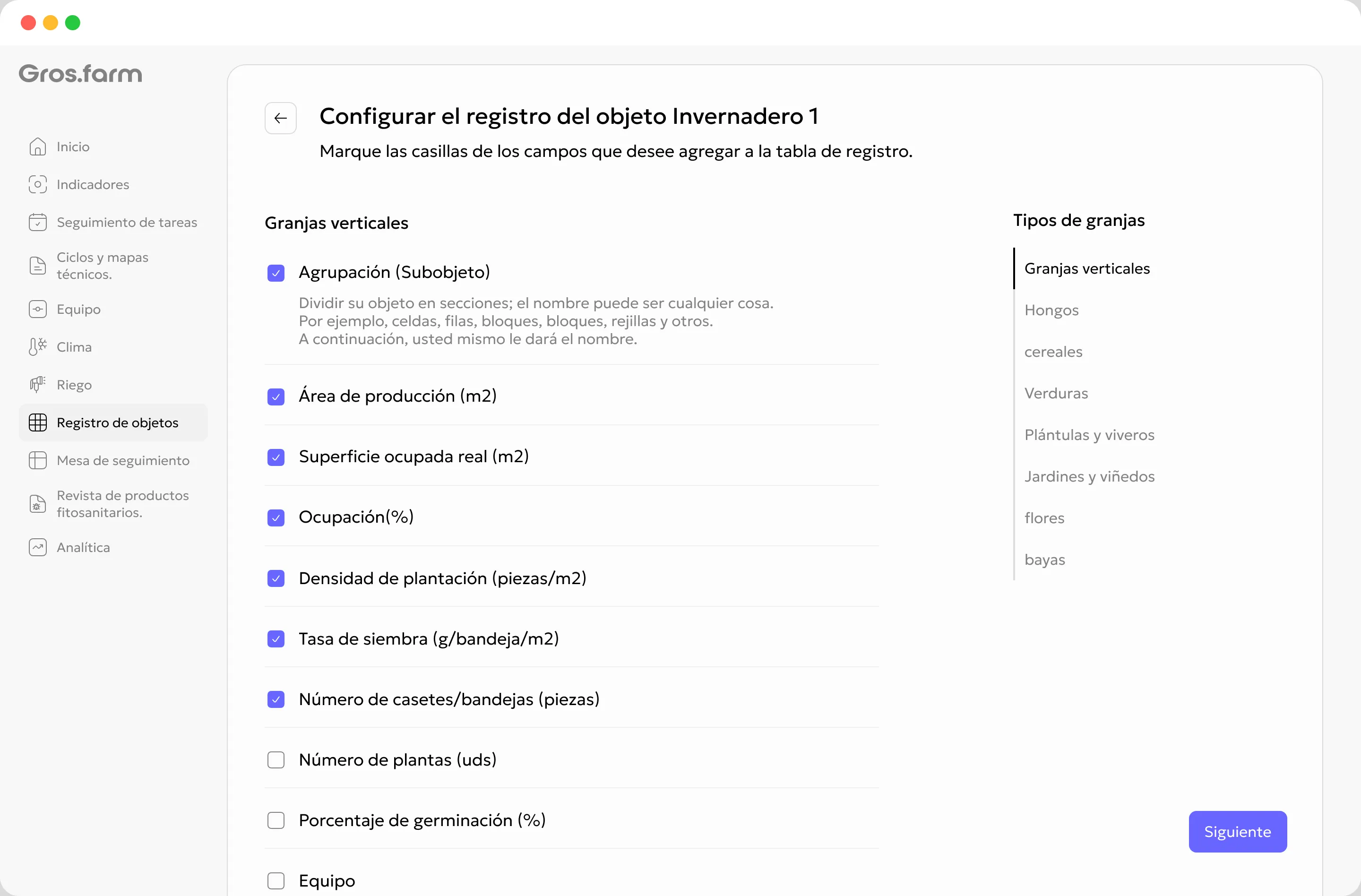 Configuración del registro Gros.farm con agrupación de zonas de producción y selección de campos configurables