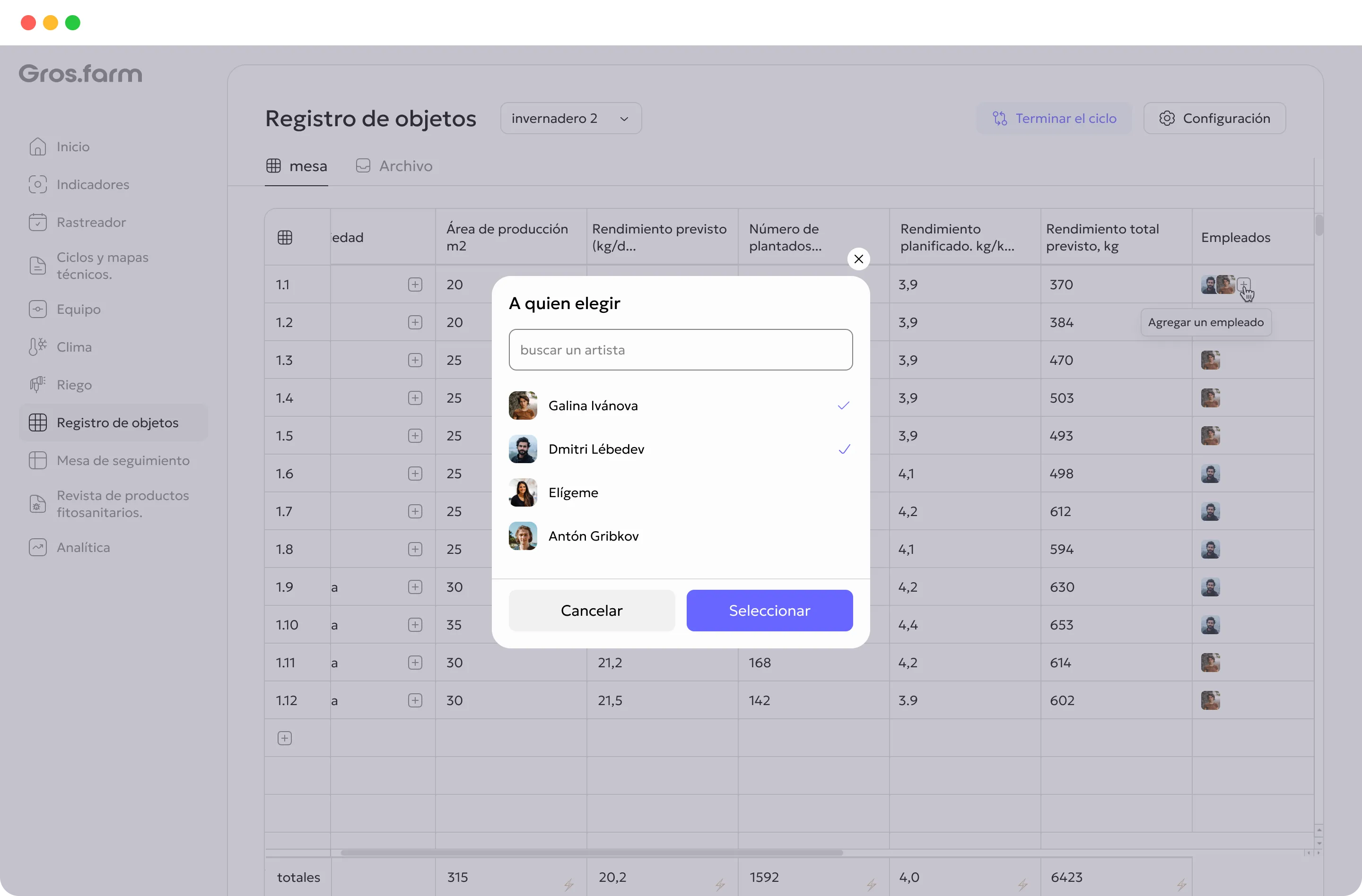 Asignar un miembro responsable del equipo a una zona de producción en Gros.farm