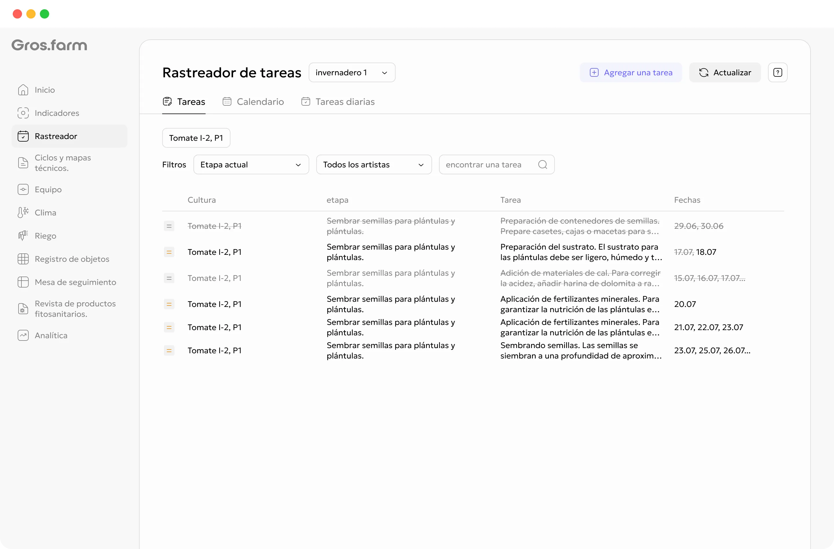 Gestión de tareas de Gros.farm en las aplicaciones web y móvil