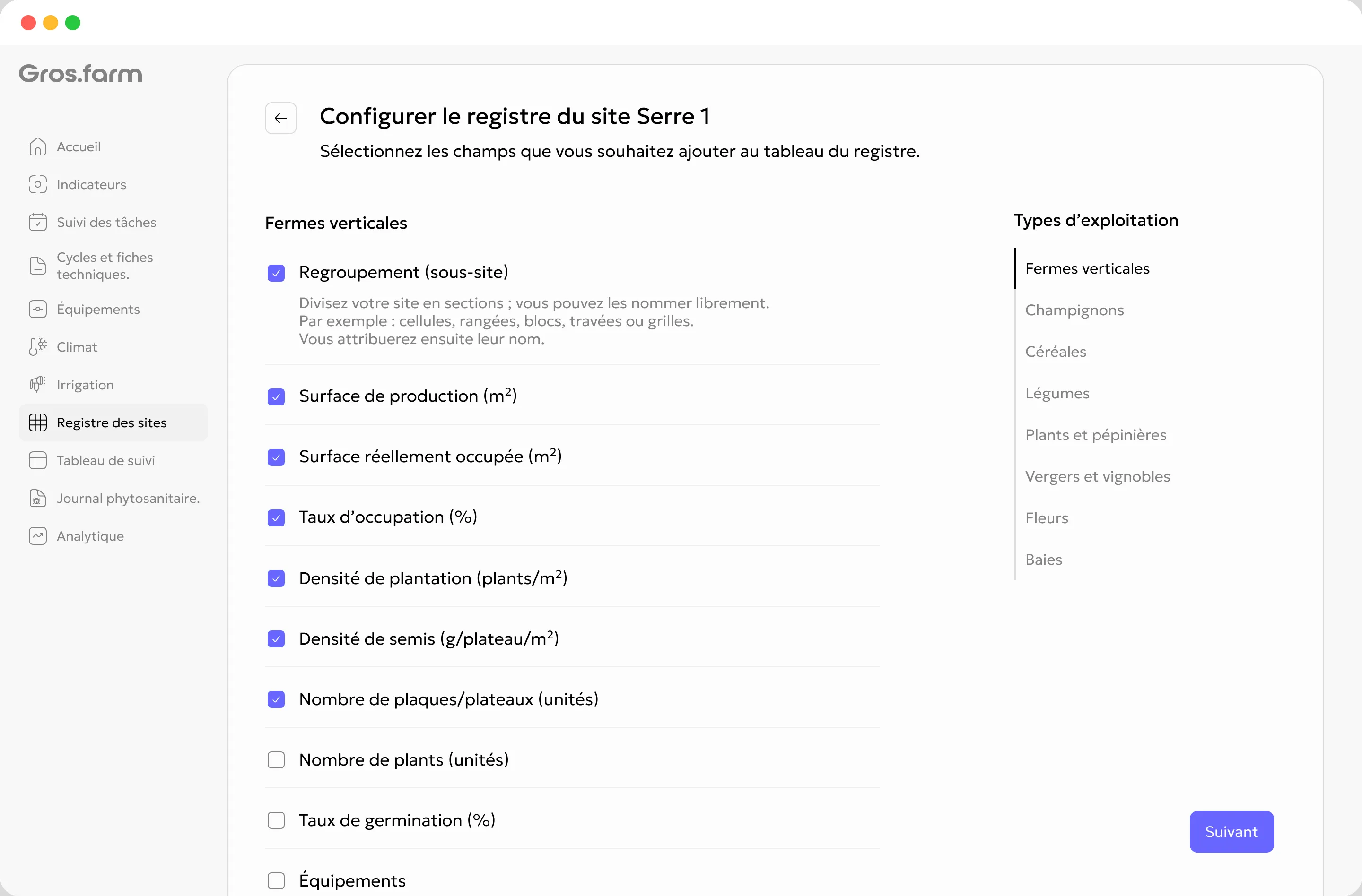 Configuration du registre Gros.farm avec regroupement de zones de production et sélection de champs configurable