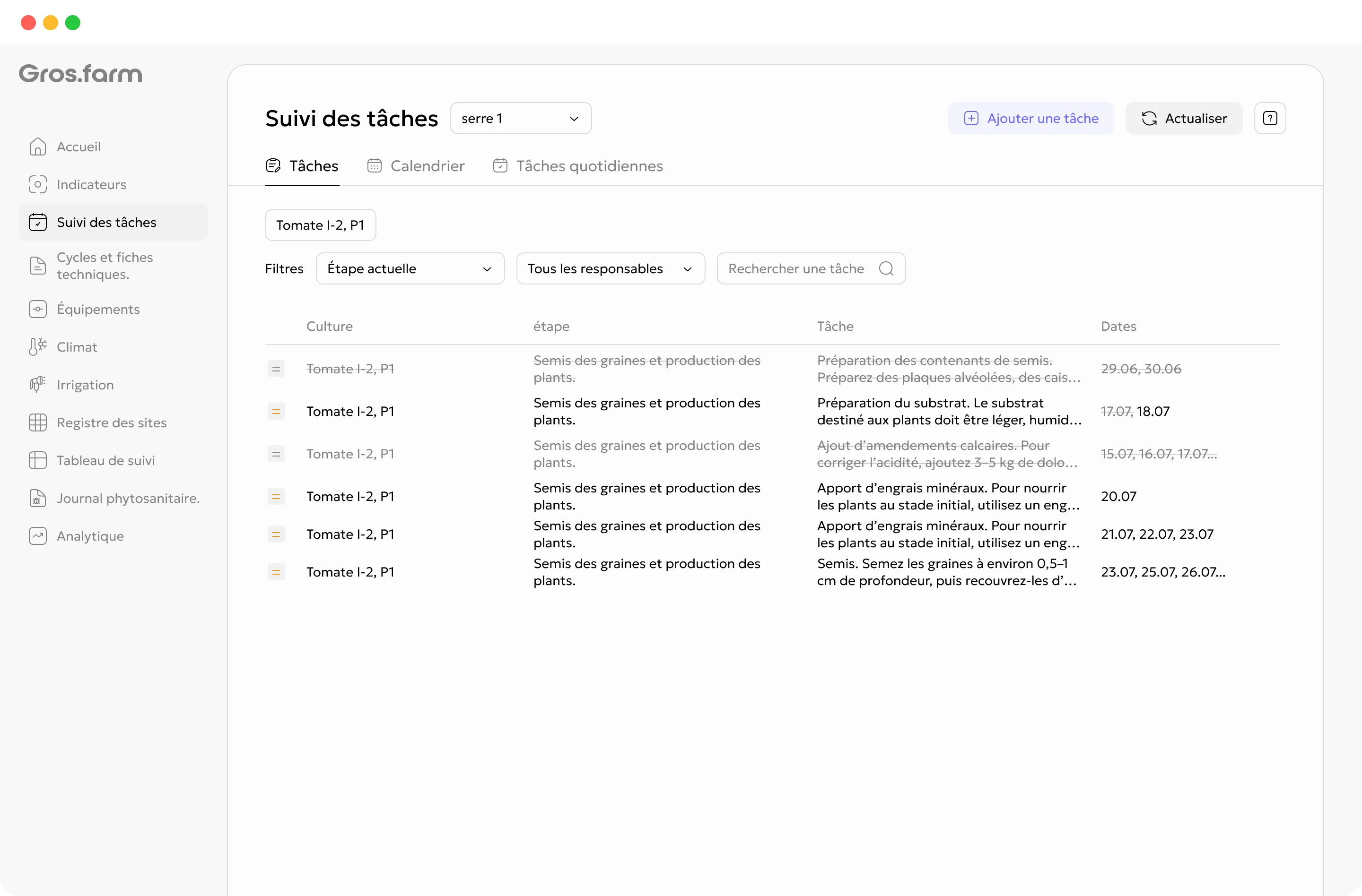 Gestion des tâches Gros.farm dans les applications web et mobile