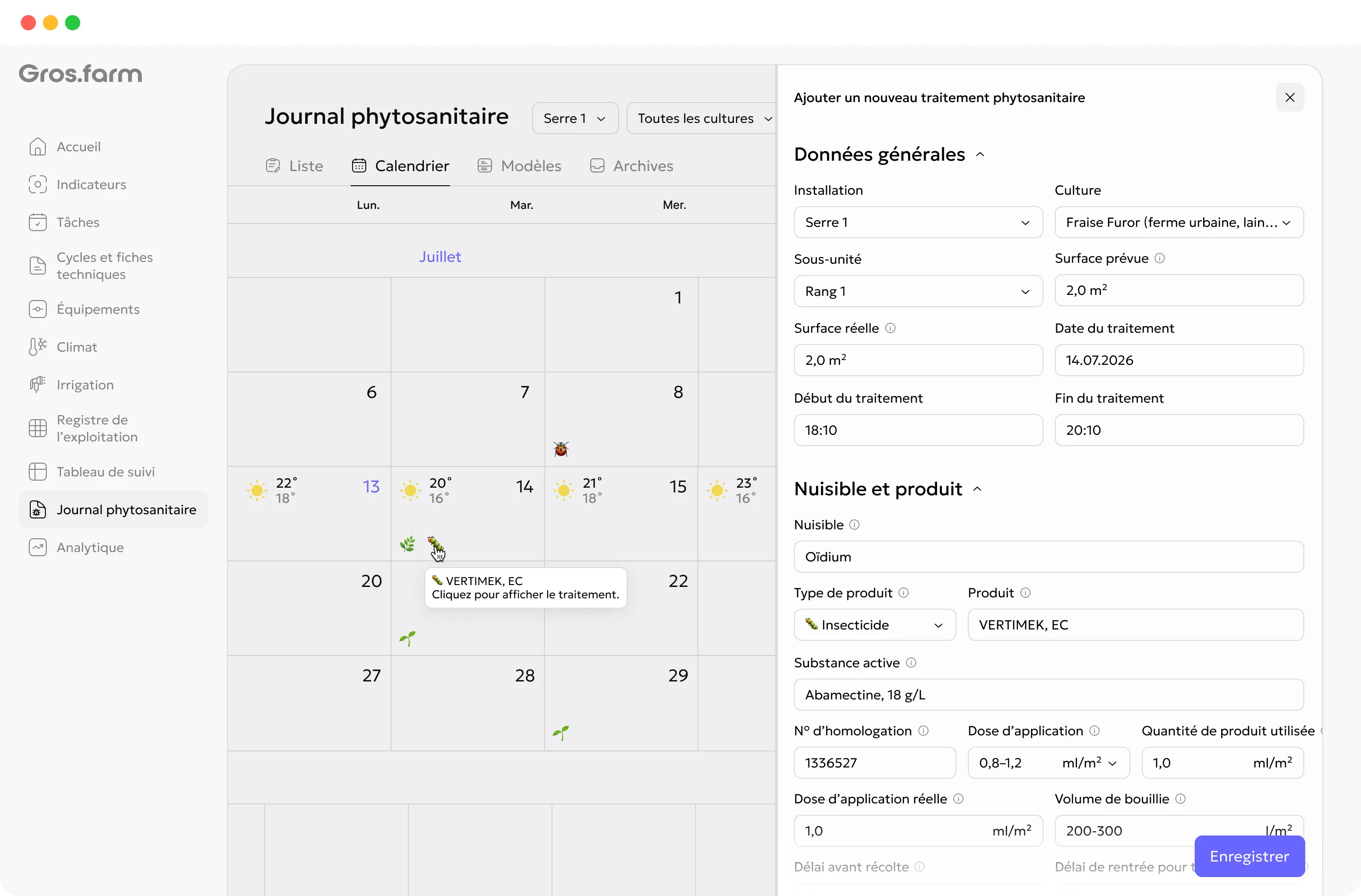 Journal d'application de la protection des cultures Gros.farm avec traitements par localisation et culture