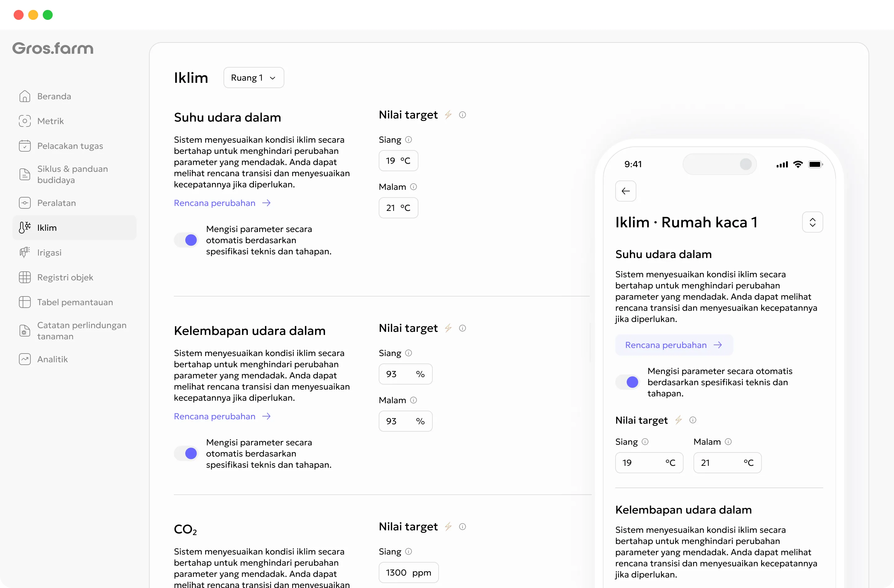 Parameter iklim target untuk tahap siklus ruang di Gros.farm