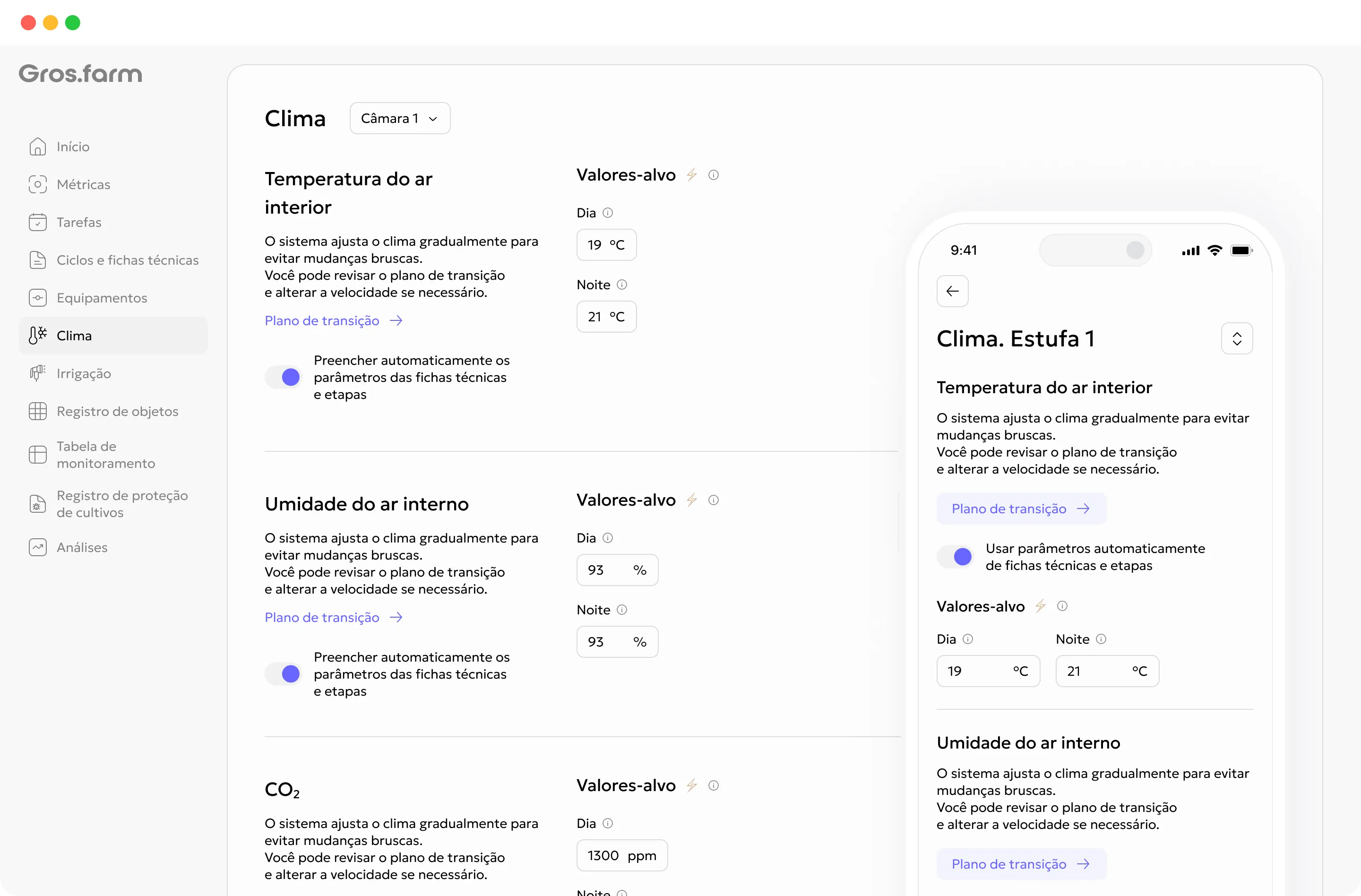 Parâmetros climáticos-alvo para as etapas do ciclo no Gros.farm