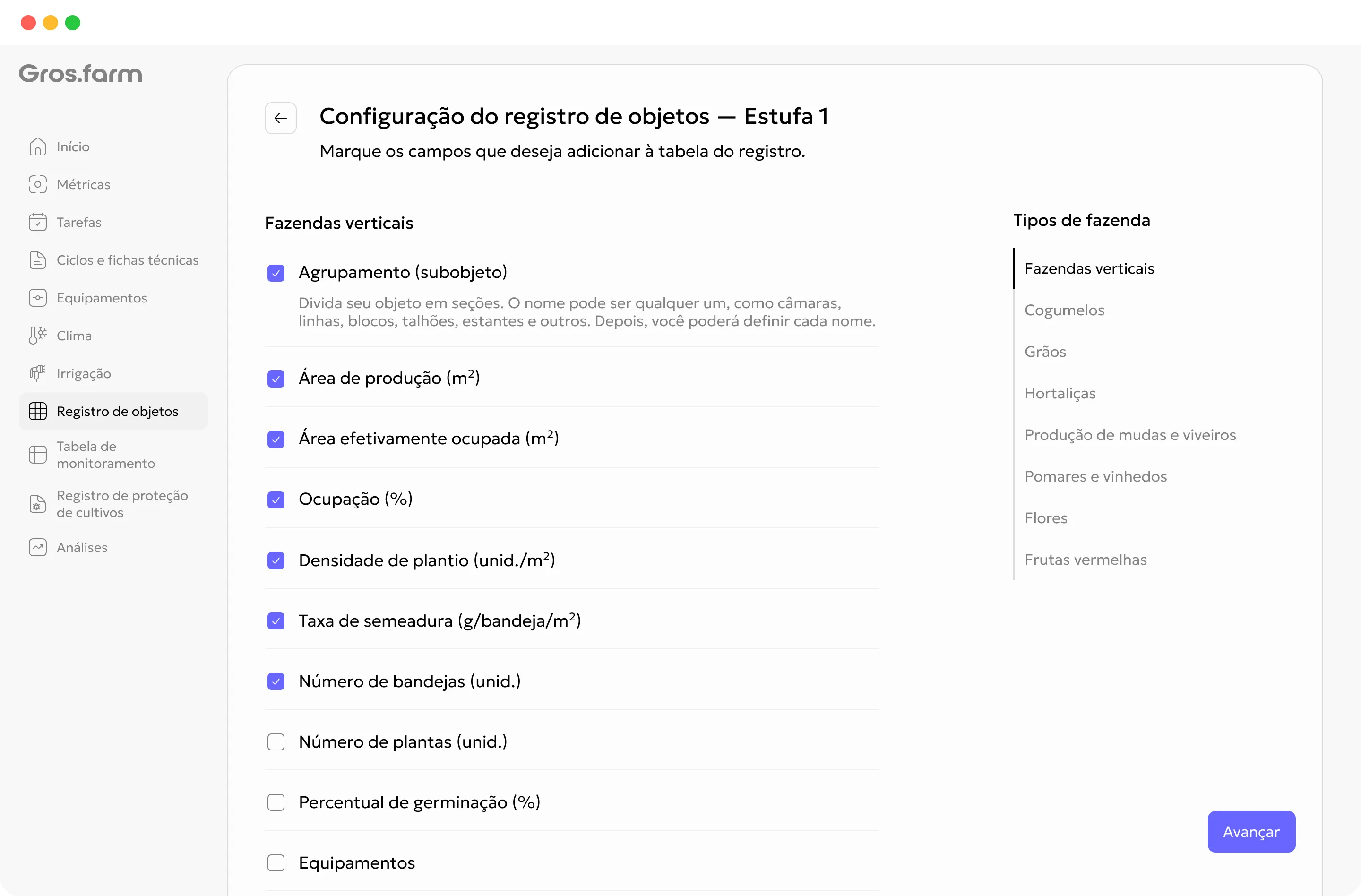 Configuração do registro Gros.farm com agrupamento de zonas de produção e seleção de campo configurável