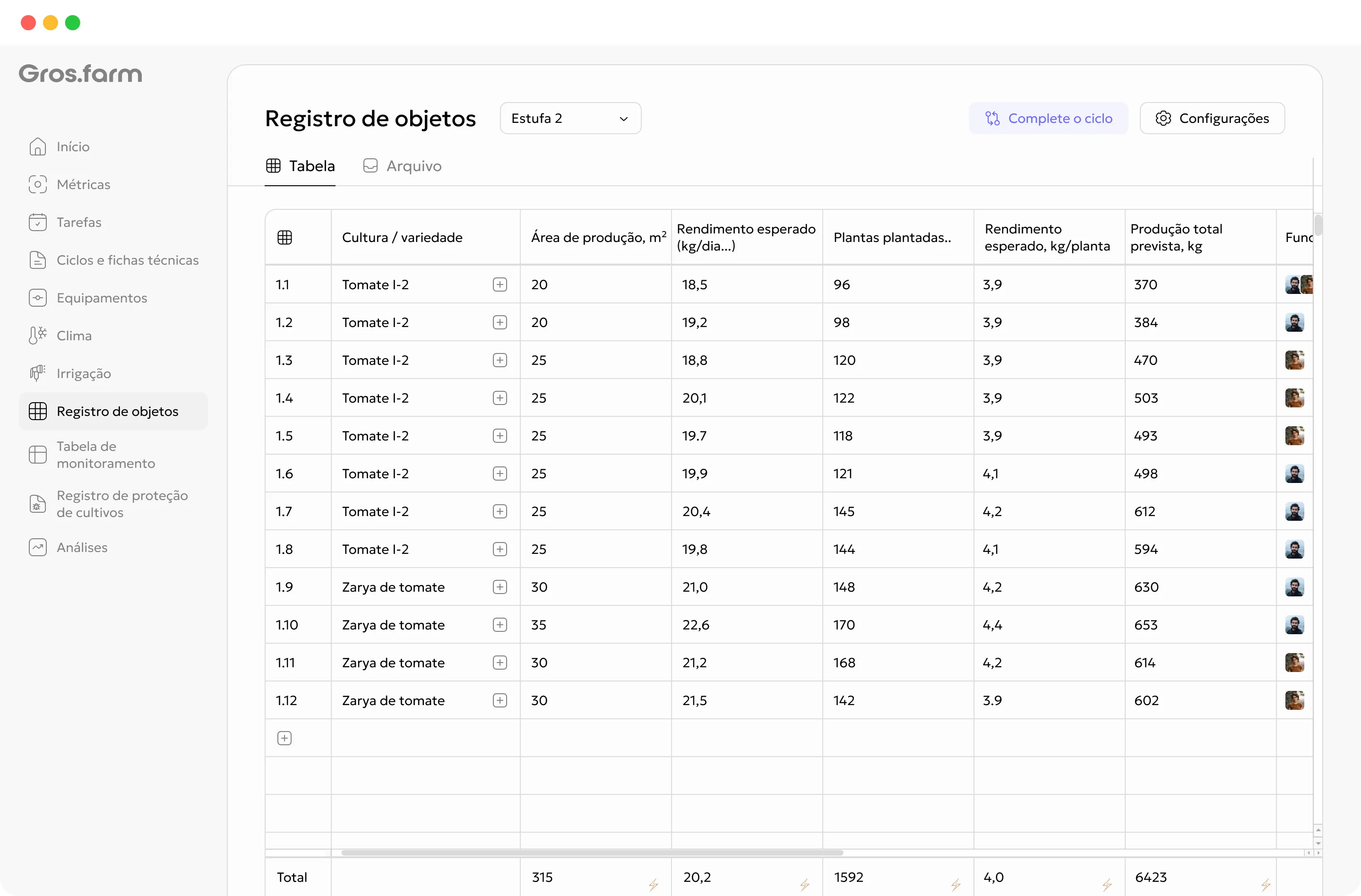 Registro de instalações Gros.farm com culturas, área de produção, ocupação, quantidade de plantas e totais