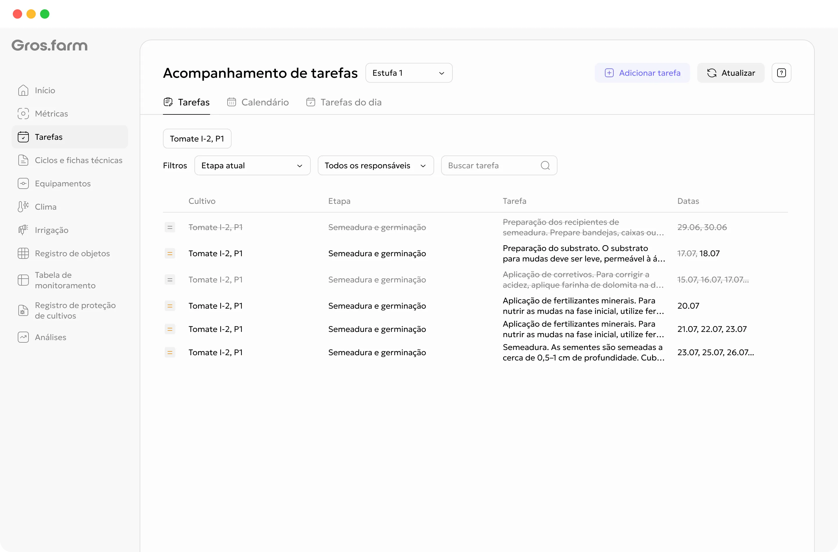 Gestão de tarefas da Gros.farm nas aplicações web e móvel