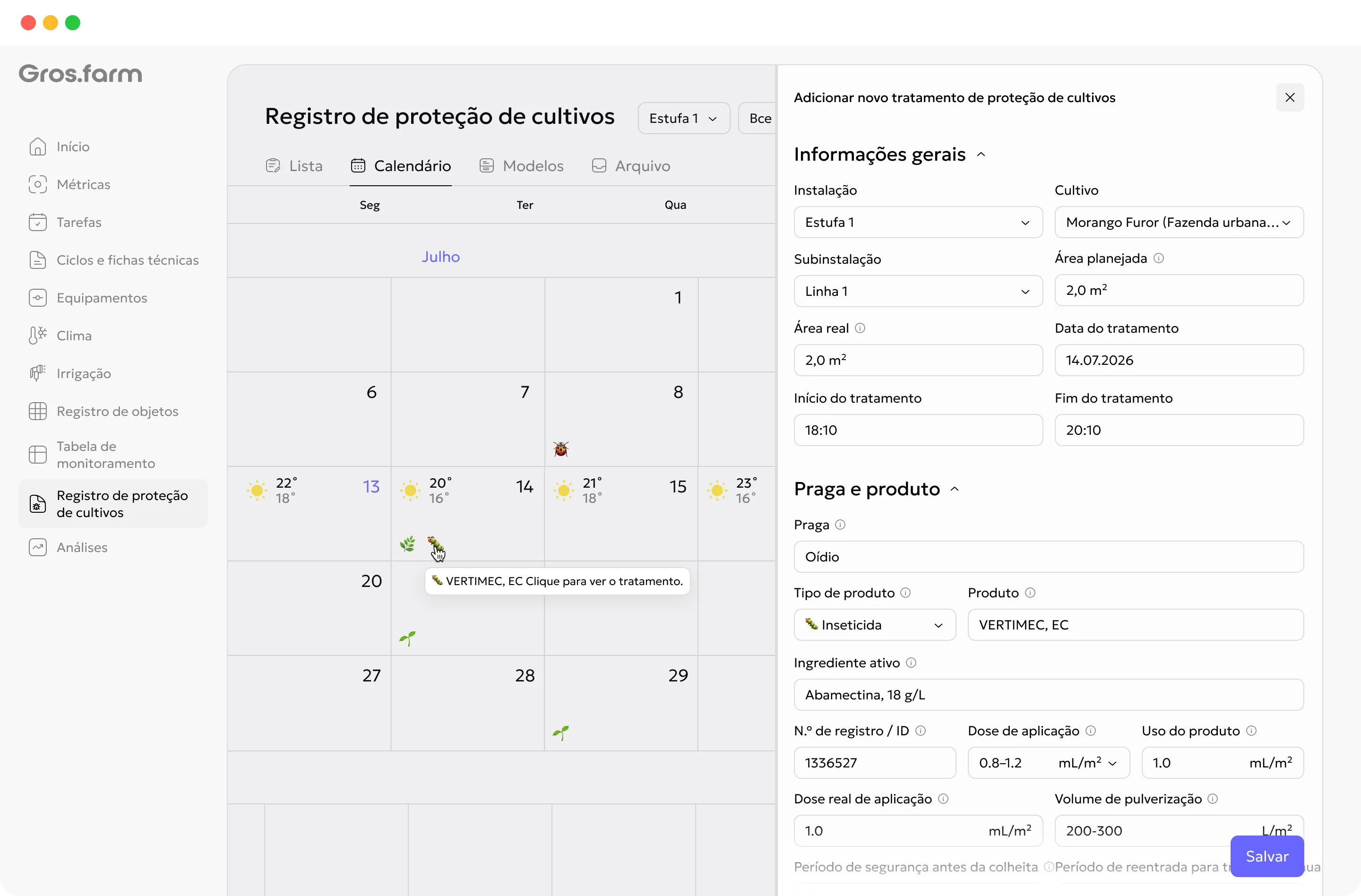 Registro de aplicação de proteção de cultivos Gros.farm com tratamentos por local e cultura