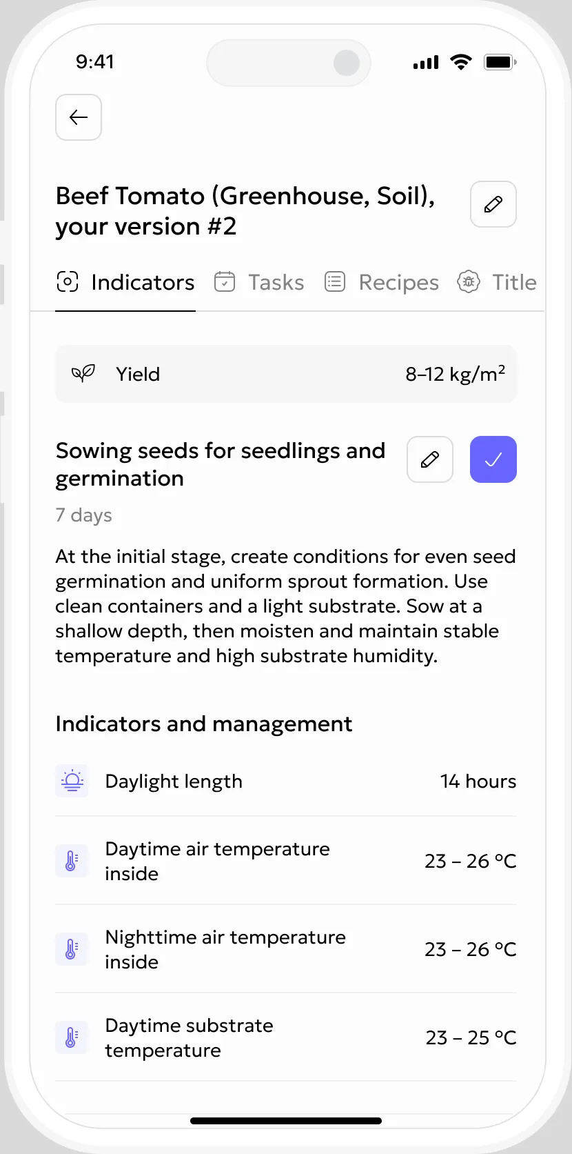 English Gros.farm mobile application showing the active crop stage
