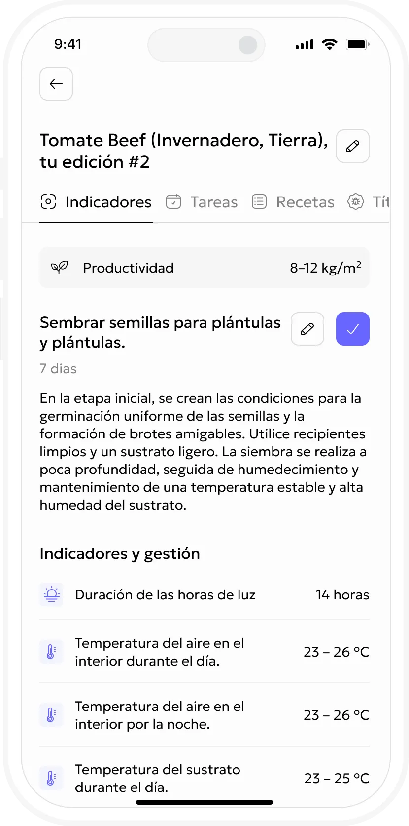 English Gros.farm mobile application showing the active crop stage