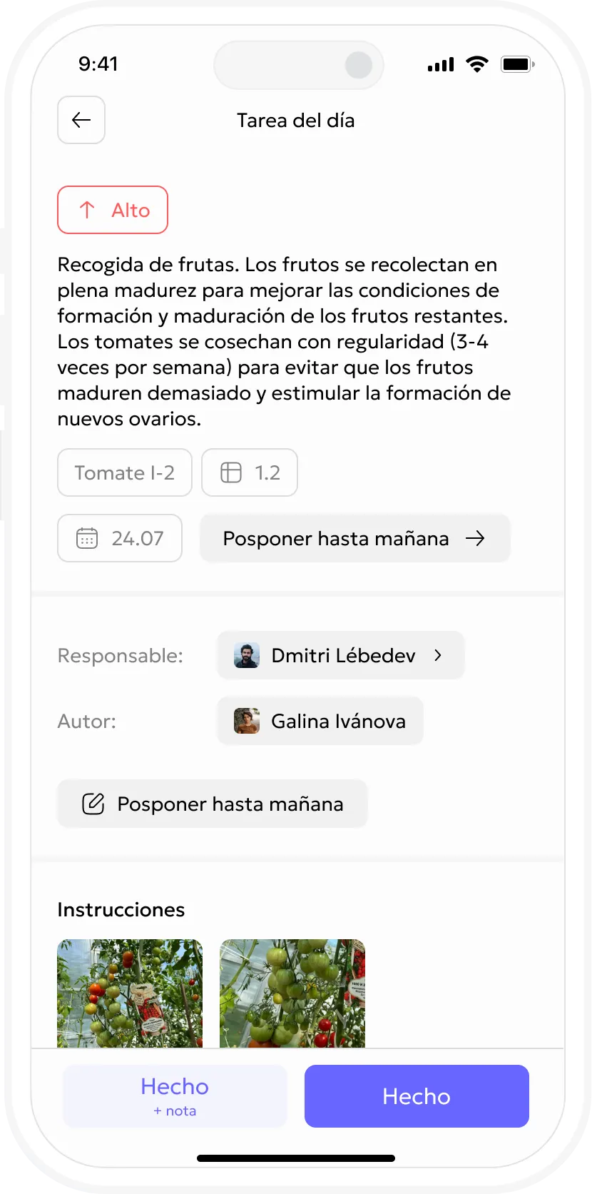 Tarjeta de tareas agrícolas en la aplicación móvil Gros.farm
