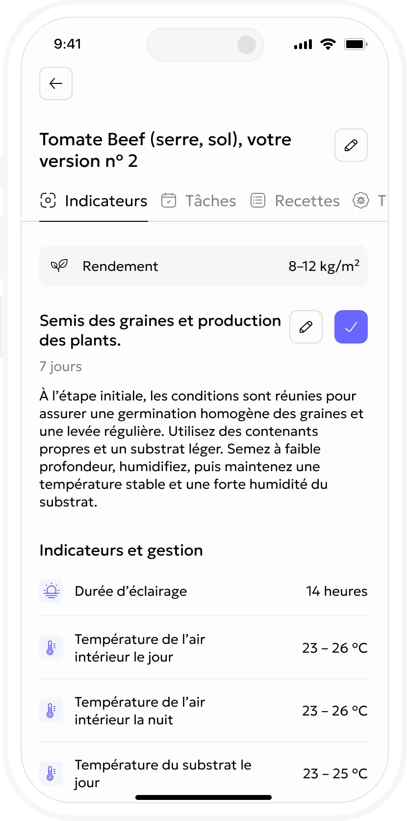 English Gros.farm mobile application showing the active crop stage