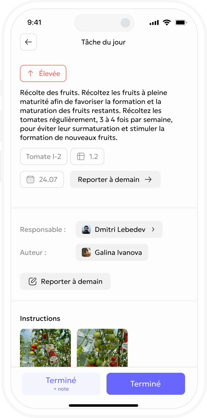 Fiche de tâches agricoles dans l'application mobile Gros.farm