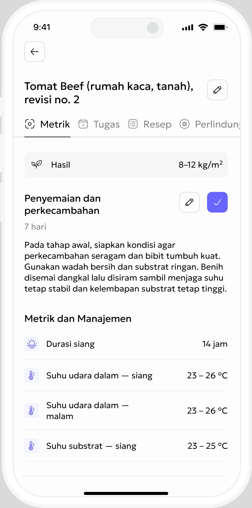 English Gros.farm mobile application showing the active crop stage