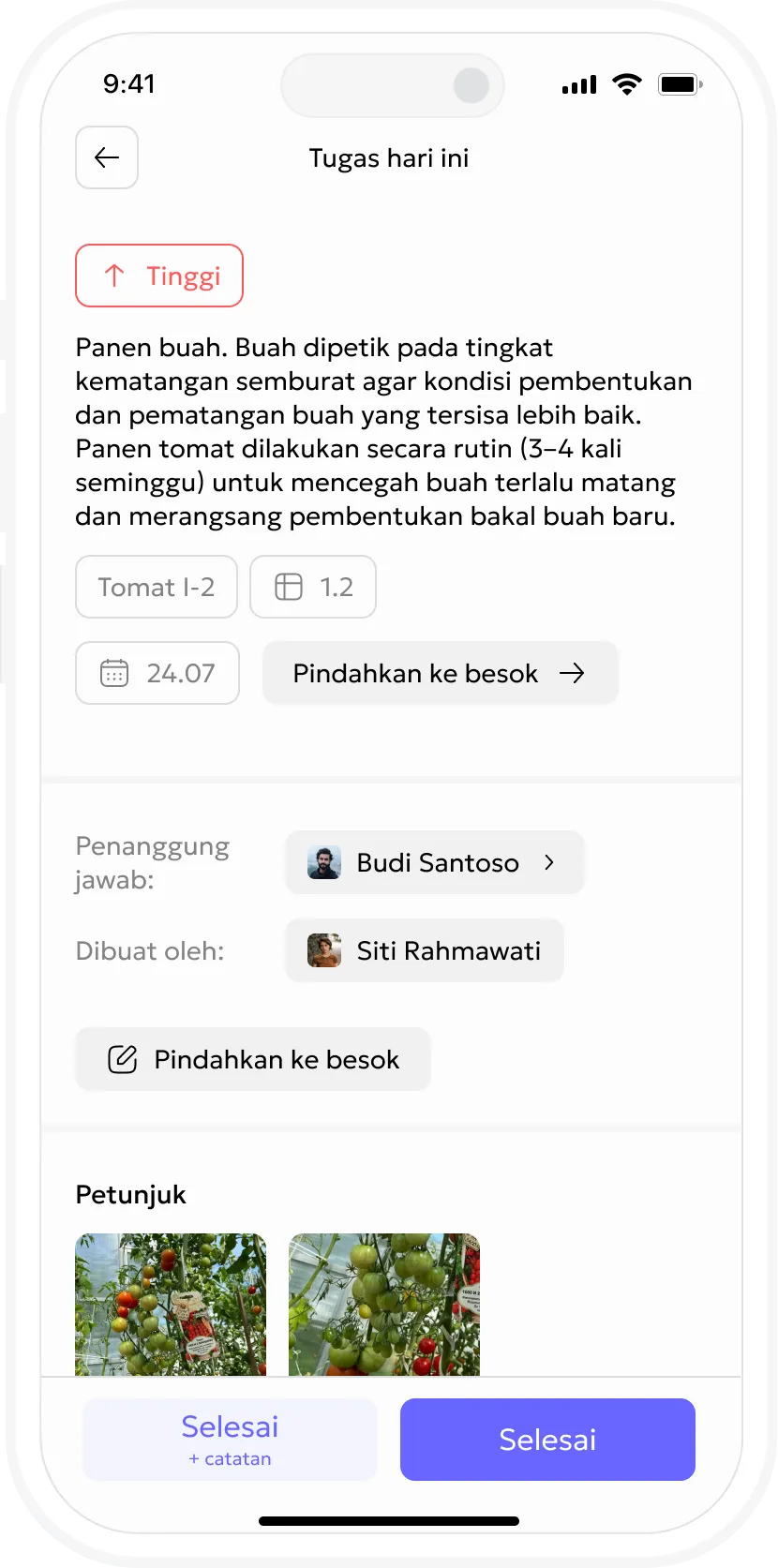 Kartu tugas pertanian di aplikasi seluler Gros.farm
