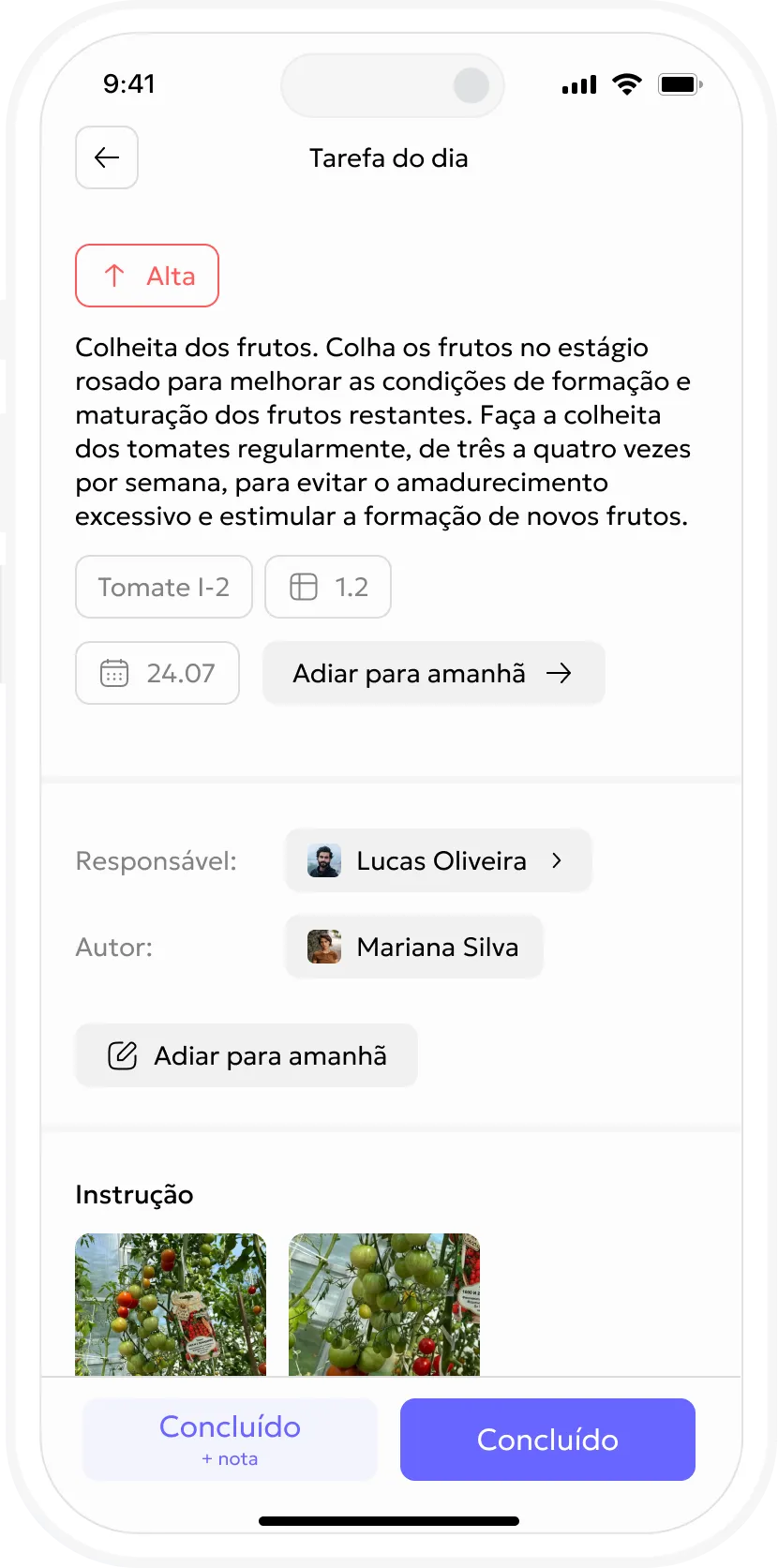 Cartão de tarefas agrícolas no aplicativo móvel Gros.farm