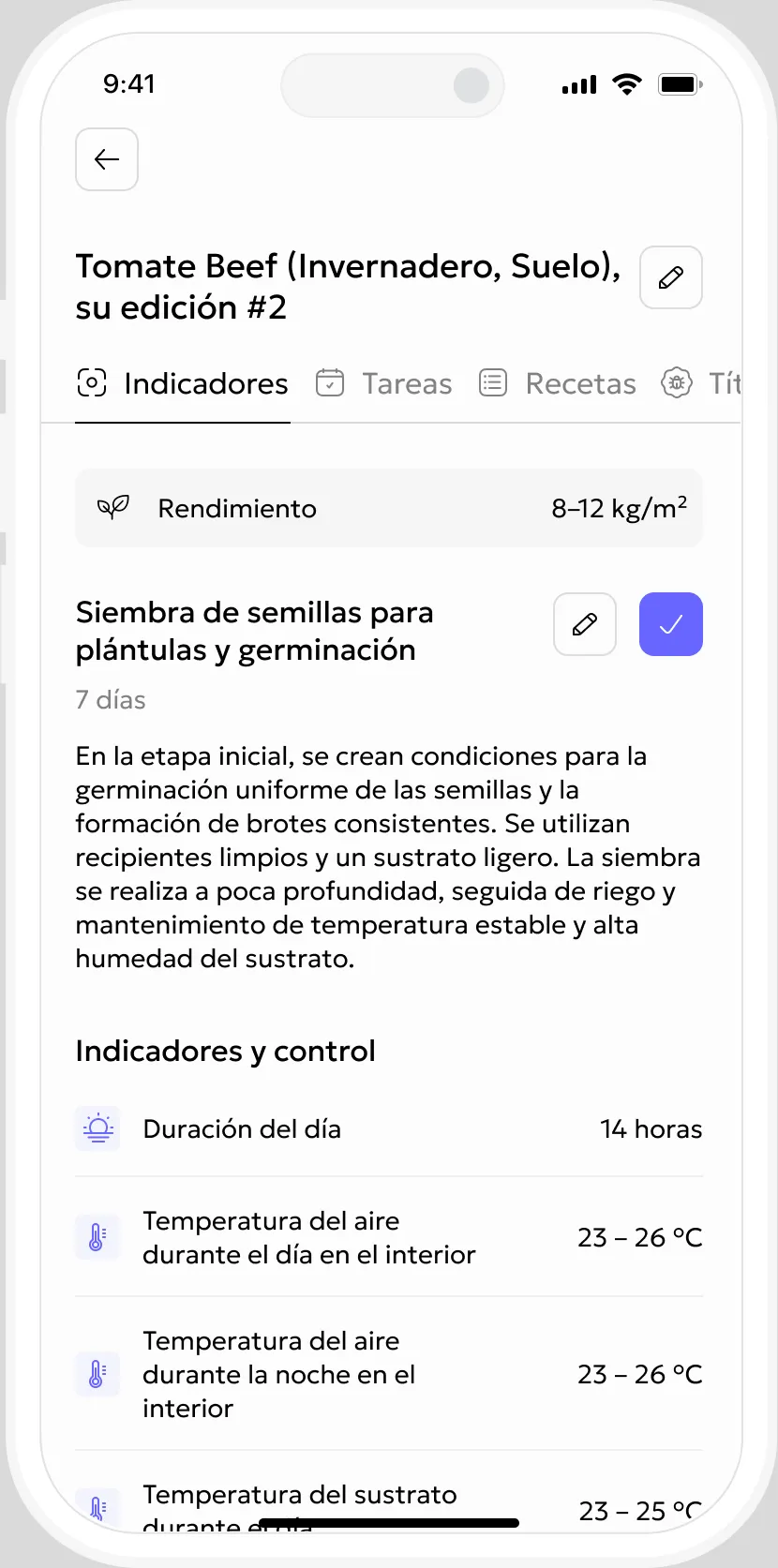 Мобильное приложение Gros.farm с текущим этапом выращивания