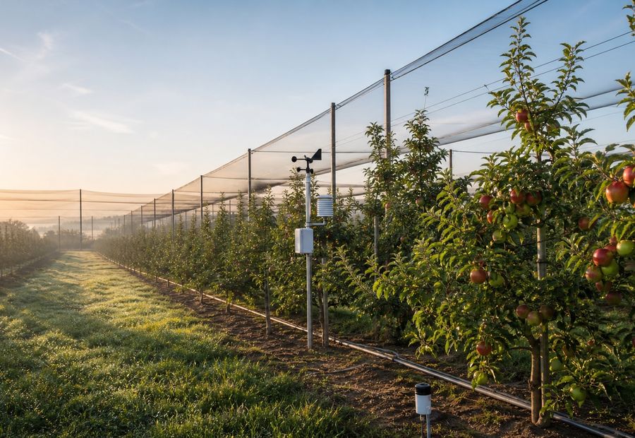 Commercial orchard with fruit trees arranged in production rows
