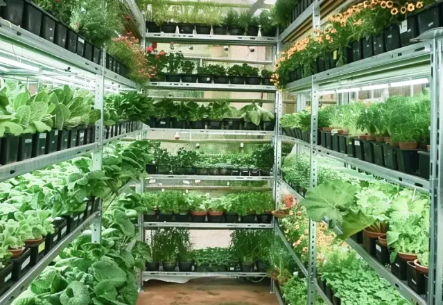 Multi-tier crop racks inside a commercial vertical farm