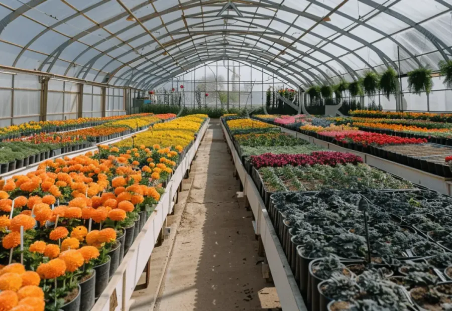Rows of container plants in a commercial plant nursery