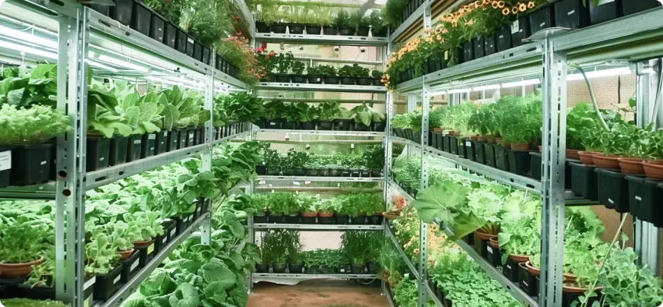 Estanterías multinivel con plantas en una granja vertical