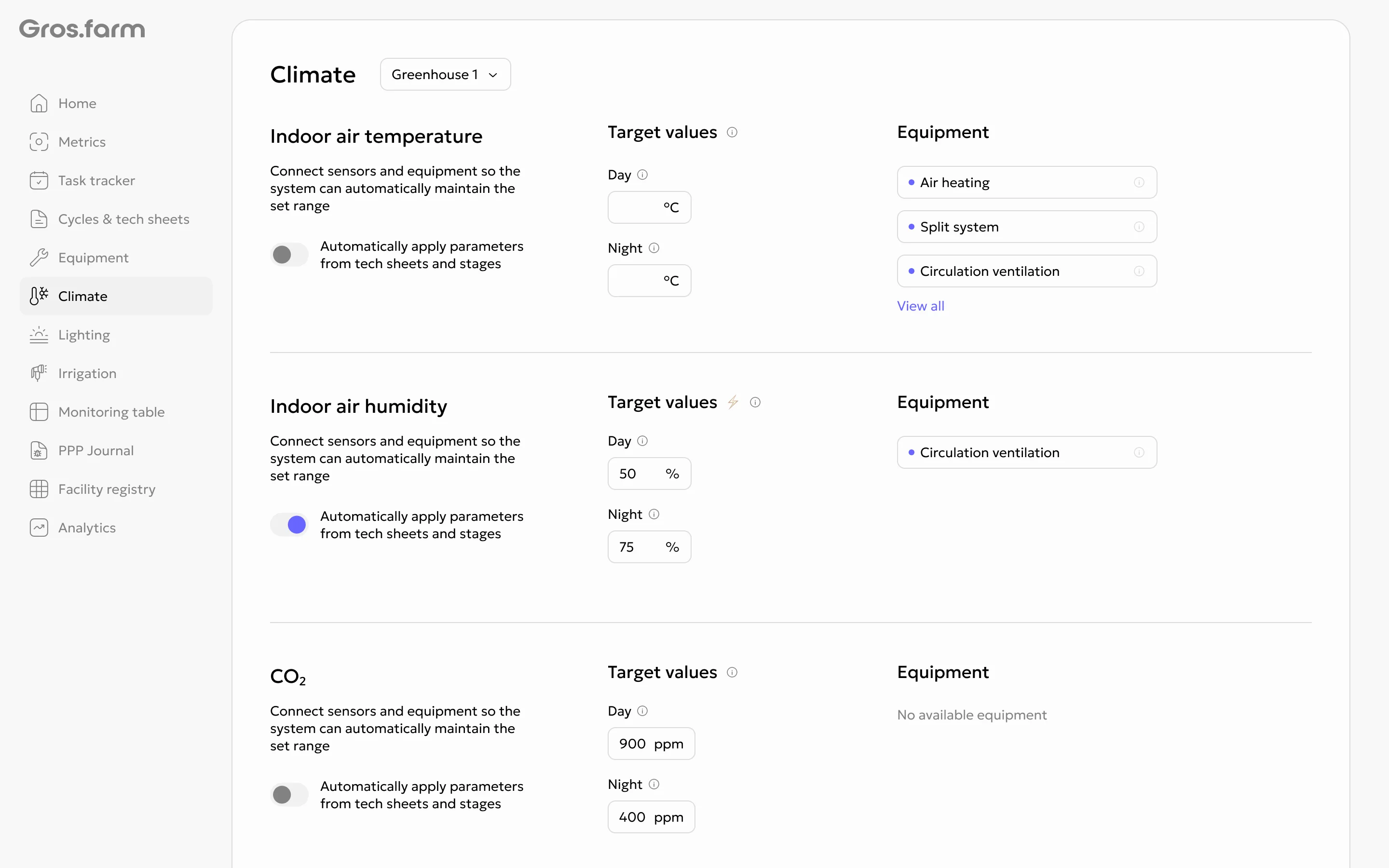 Climate settings with available equipment