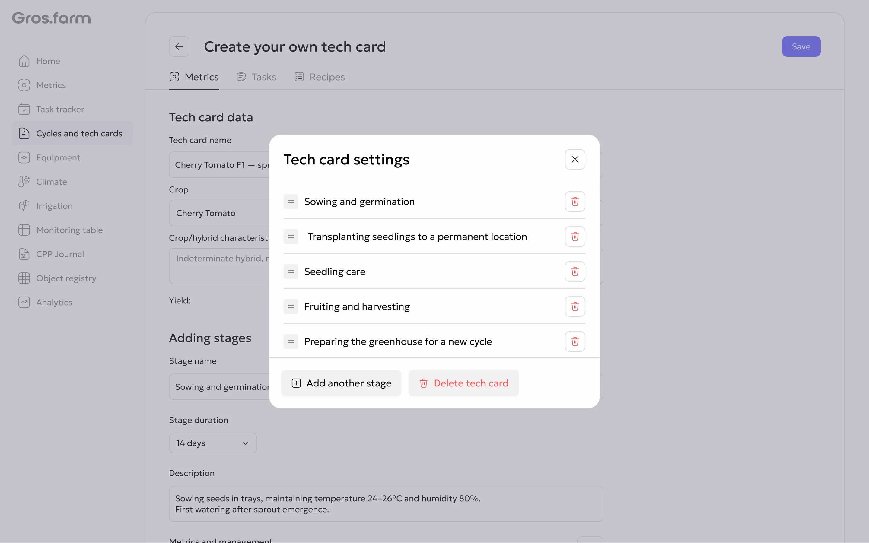 Stage settings and tech card actions