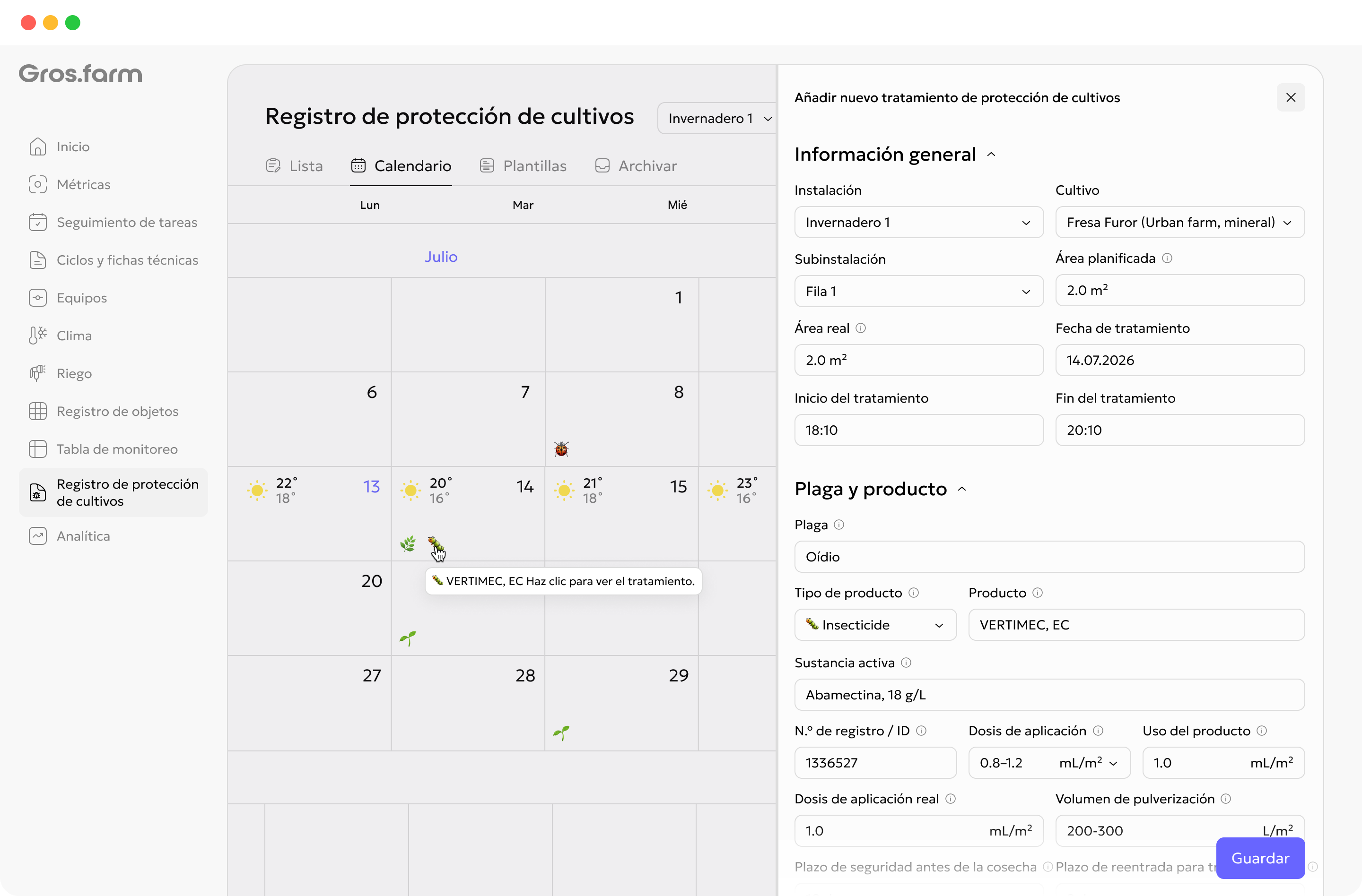 Calendario y formulario de aplicación fitosanitaria en Gros.farm