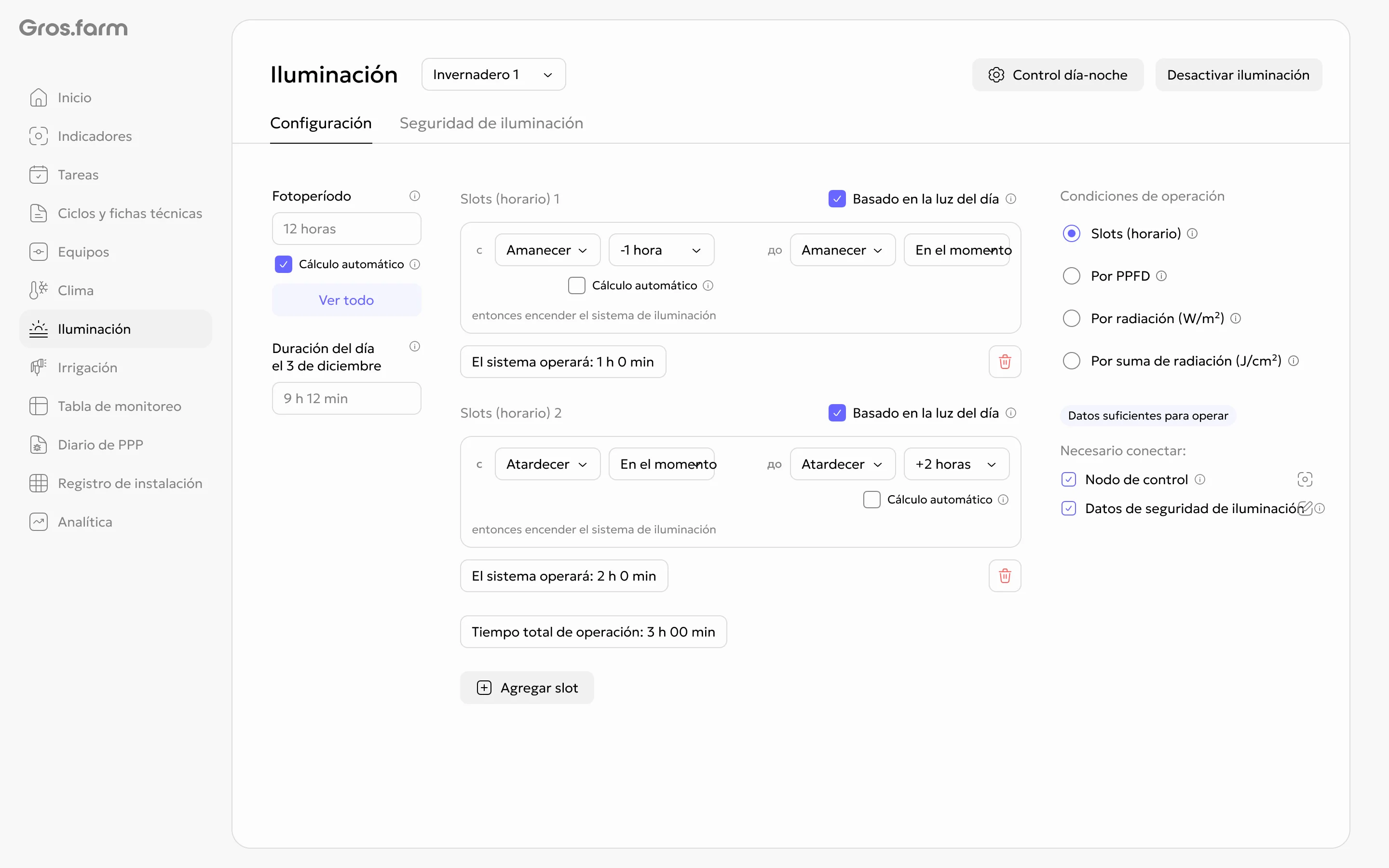 Modo de iluminación por horario