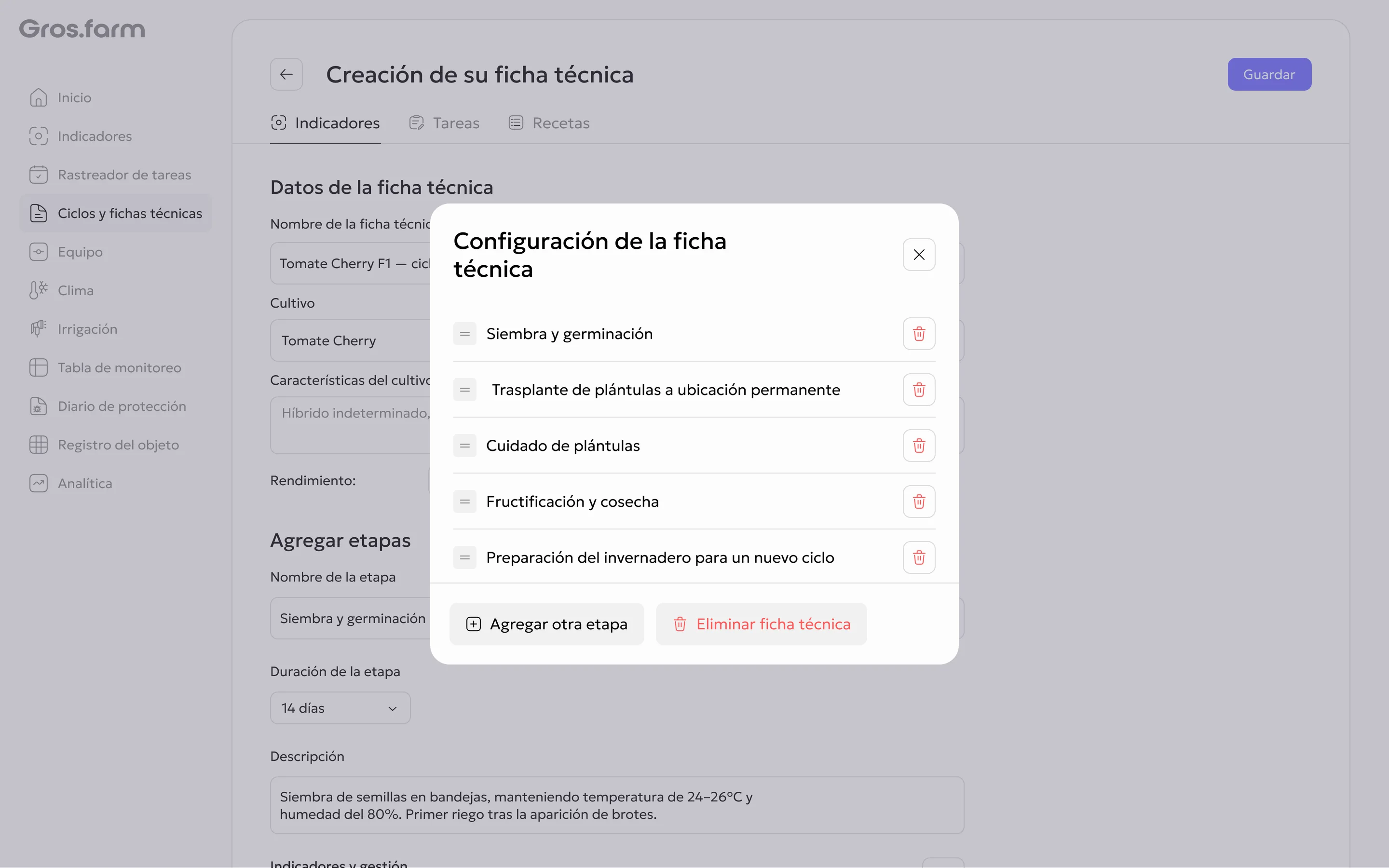 Configuración de etapas y acciones de la ficha técnica